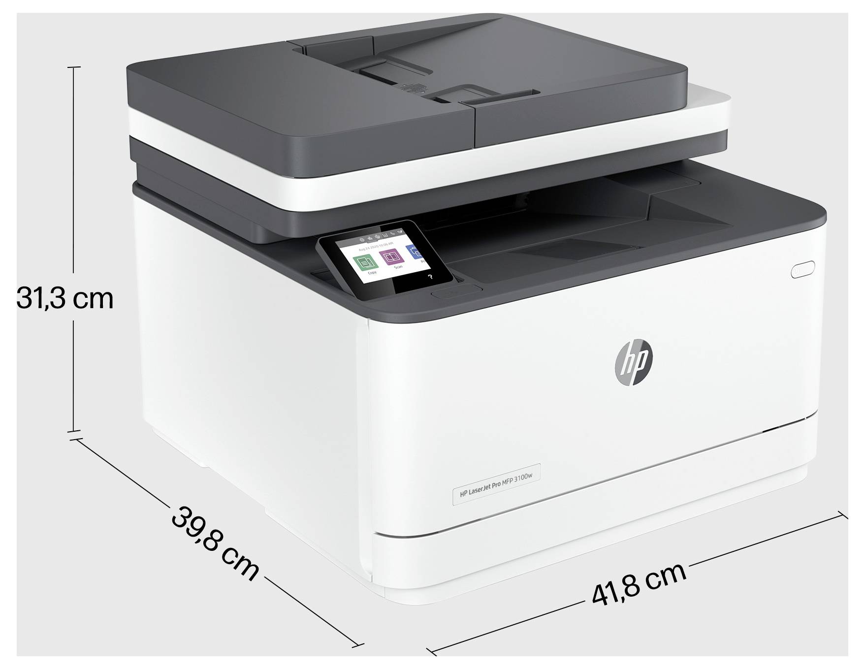 Multifunkční tiskárna HP zobrazená v 3D pohledu s rozměry 41,8 cm na šířku, 39,8 cm na hloubku a 31,3 cm na výšku.
