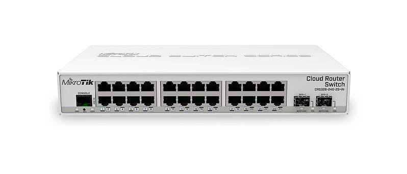 MikroTik Cloud Router Switch s 24 porty Ethernet a 2 porty SFP+, model CRS328-24P-4S+RM, přední pohled s viditelnými štítky.