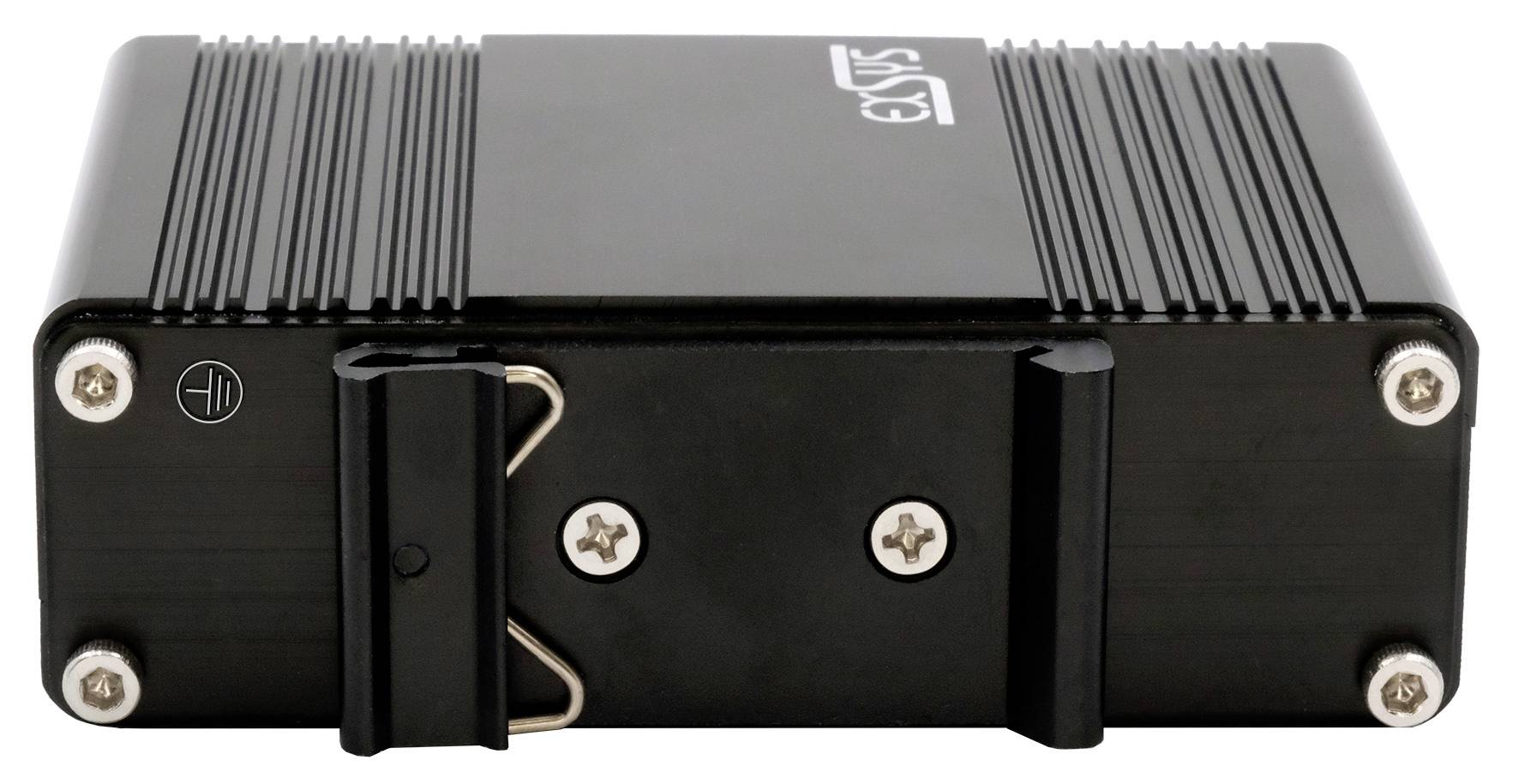 Černé obdélníkové elektronické zařízení s kovovými šrouby a klipem na přední straně, na boku s malým kulatým logem.