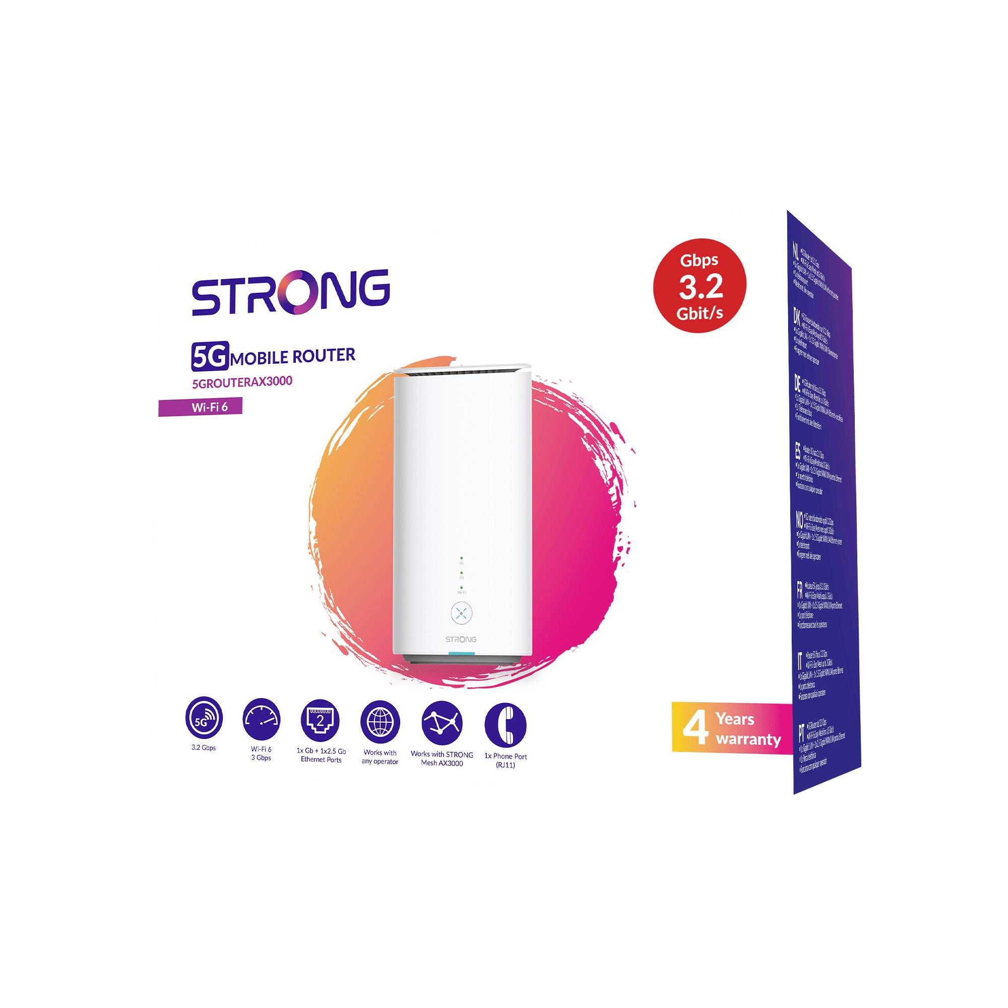 Bílý 5G mobilní směrovač s růžovým a oranžovým pozadím, podporující Wi-Fi 6, nabízí rychlosti až 3,2 Gbps a 4letou záruku.