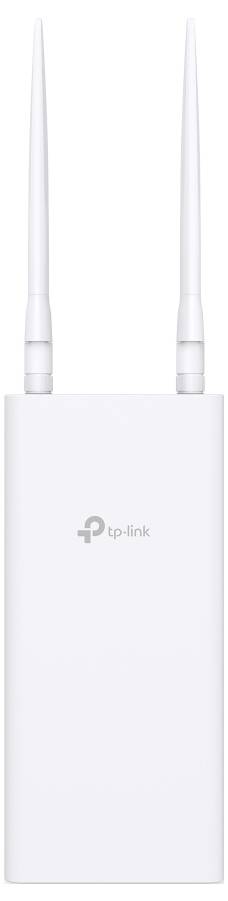 Bílý WiFi router TP-Link se dvěma vertikálními anténami, navržený pro rozšířené pokrytí sítě v domácnostech nebo malých kancelářích.
