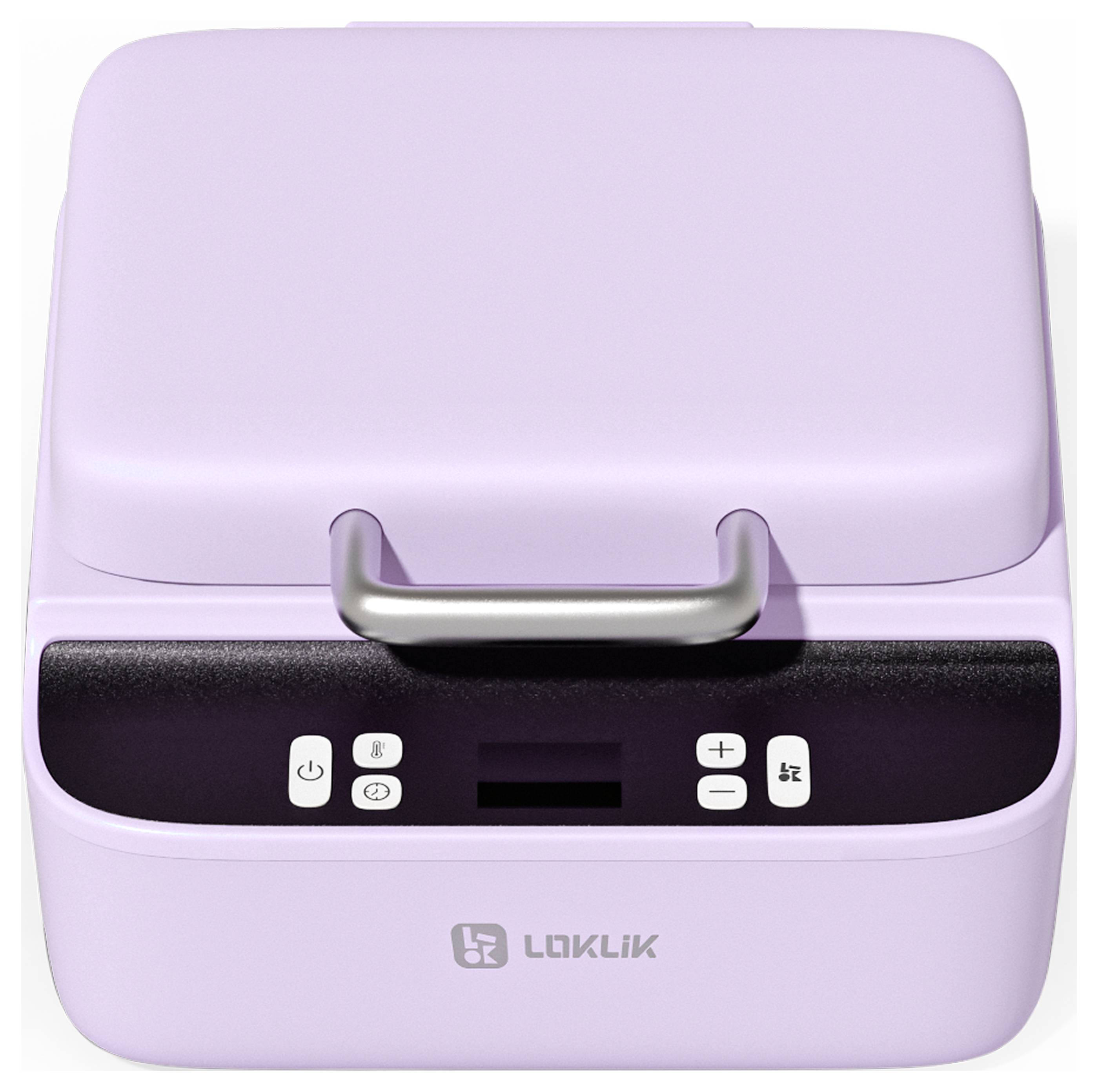Kompaktní elektronické zařízení fialové barvy s tlačítky ovládání a rukojetí na vrcholu. Je viditelné logo značky "LOKLIK".