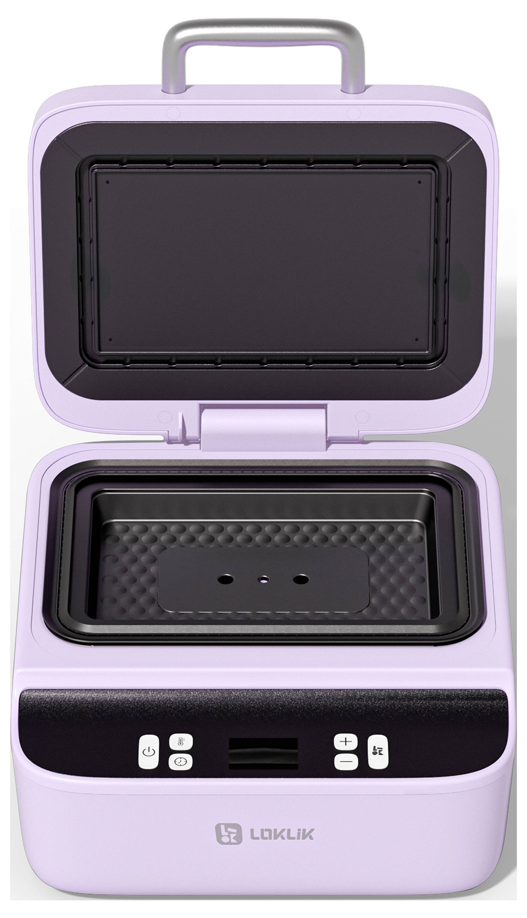 Malá, otevřená růžová toastovací trouba s jednoduchými ovládacími tlačítky na přední straně, navržená pro snadné opékání.