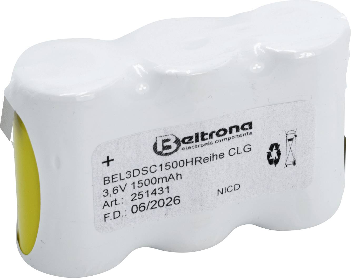 Bílý a žlutý akumulátor označený 'Beltrona electronic components, 3,6V 1500mAh, č. výr. 251431, F.D. 06/2026, NiCd.'