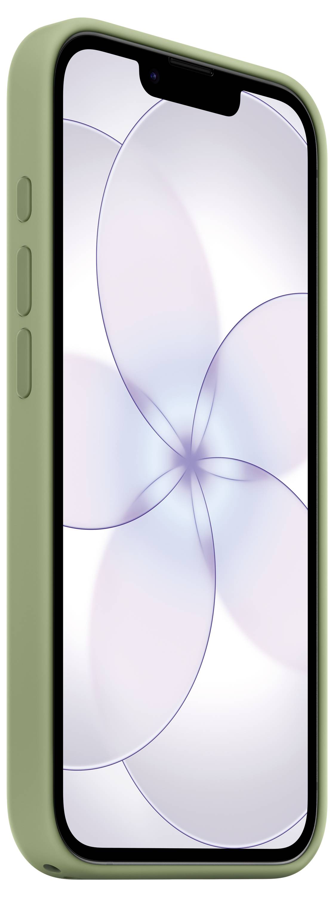 Smartphone se zeleným pouzdrem zobrazující abstraktní design v bílé a fialové barvě na obrazovce, pohled z nakloněné boční perspektivy.