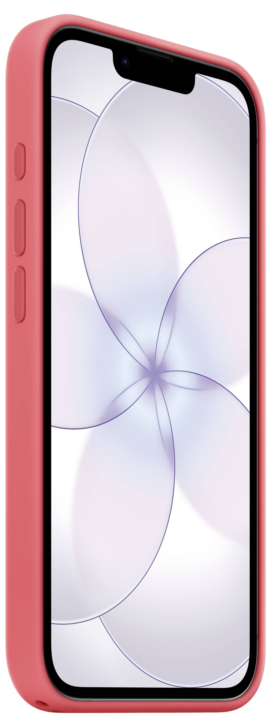 Smartphone s červeným pouzdrem, displej zobrazuje abstraktní světle fialový geometrický vzor s překrývajícími se kruhy.