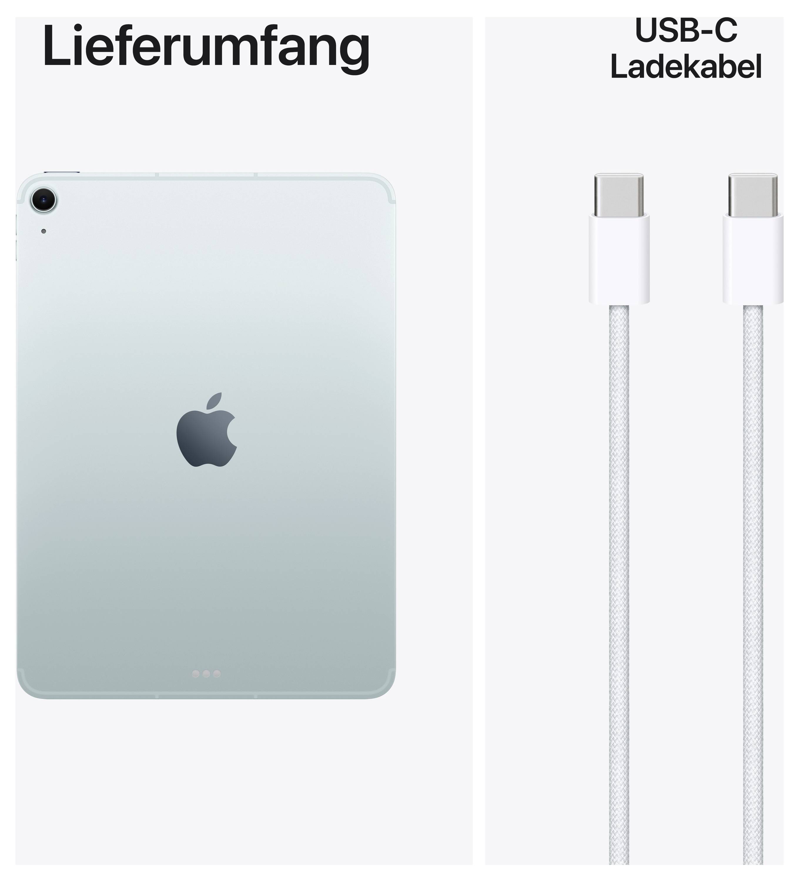 Na zadní straně iPadu v zelené barvě a kabel USB-C pro nabíjení jsou zobrazeni. Text říká "Co je v balení".