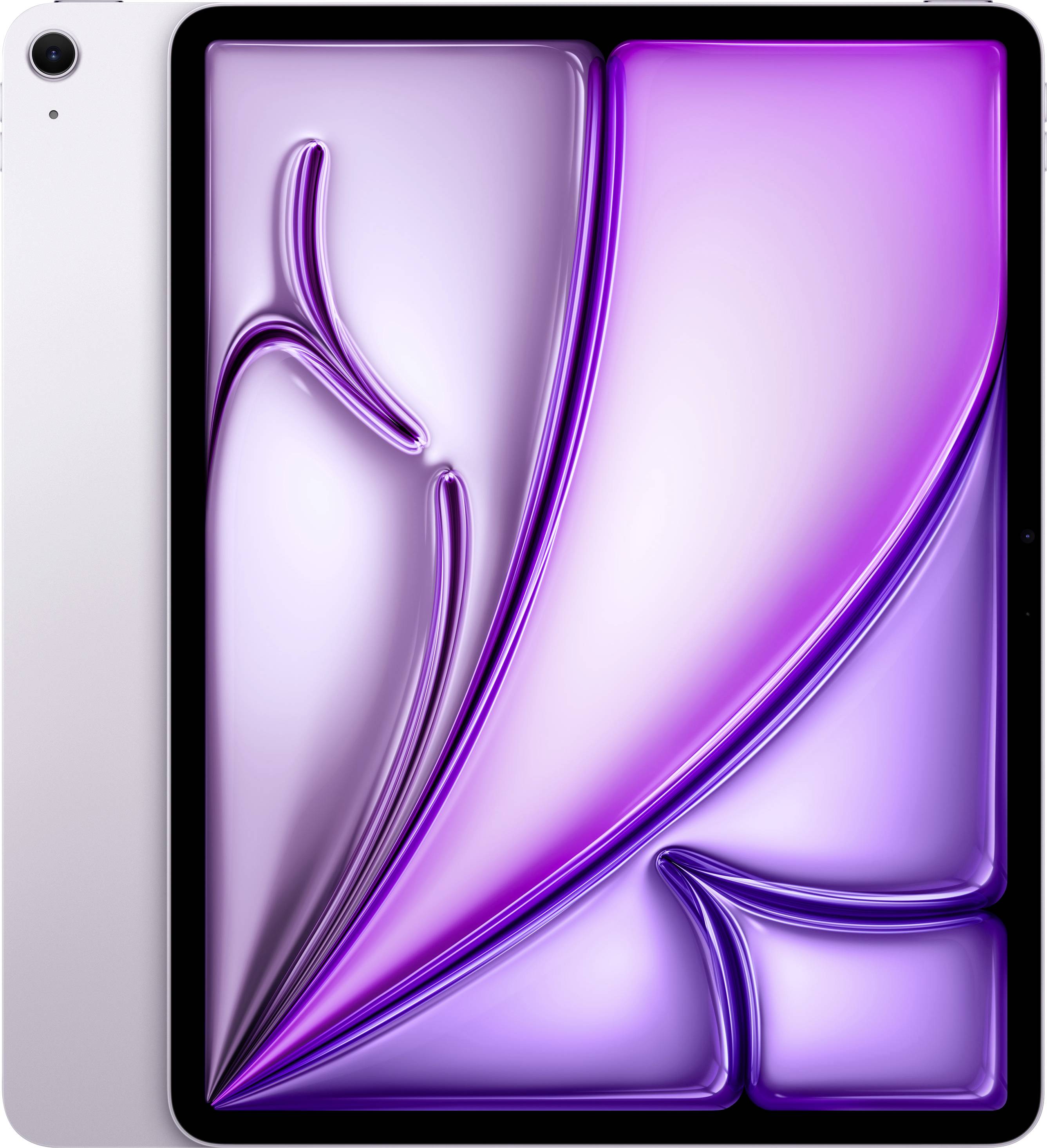Tablet zobrazující fialový, tekutý abstraktní design na displeji se štíhlým, kovovým rámem a fotoaparátem v levém horním rohu.