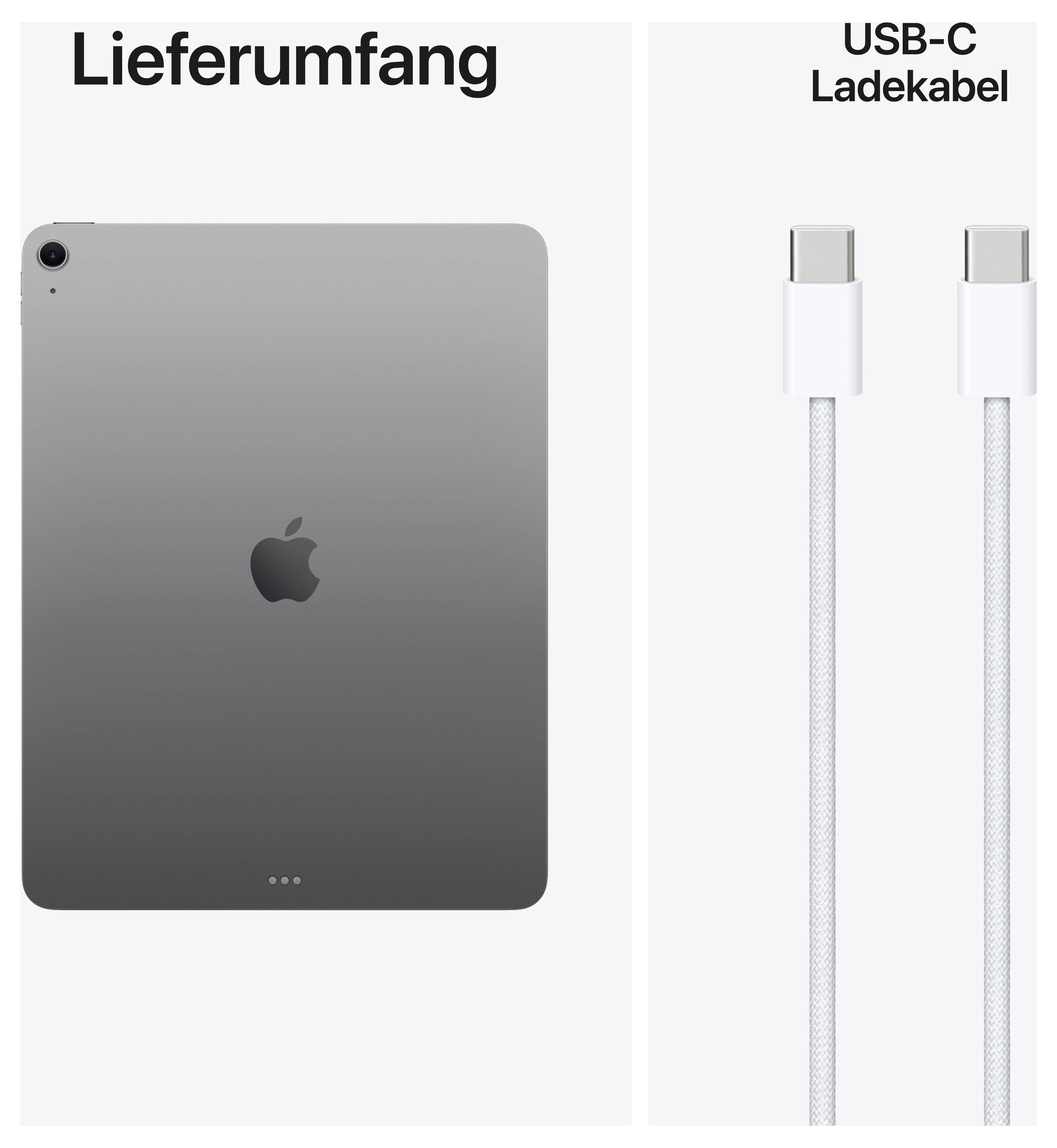'Obsah balení': Obrázek zobrazuje šedý tablet zezadu a USB-C nabíjecí kabel vedle sebe.