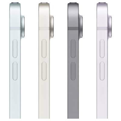 Boční pohled na čtyři chytré telefony v různých barvách: zelená, béžová, šedá a fialová. Každý ukazuje výstupek kamery a tlačítka hlasitosti.