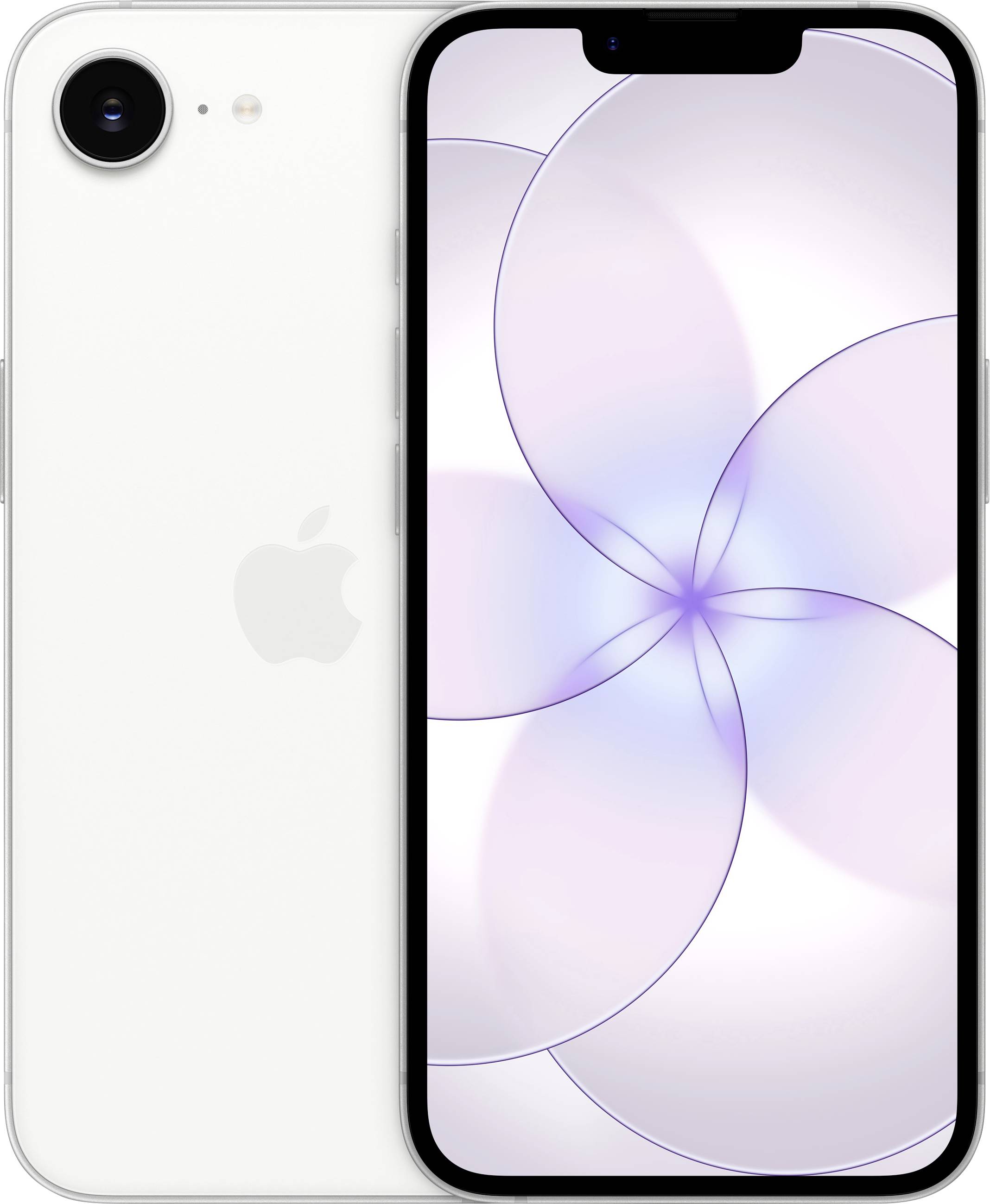 Bílý chytrý telefon s velkým displejem zobrazujícím vzor překrývajících se, poloprůhledných kruhů v purpurových a růžových tónech.