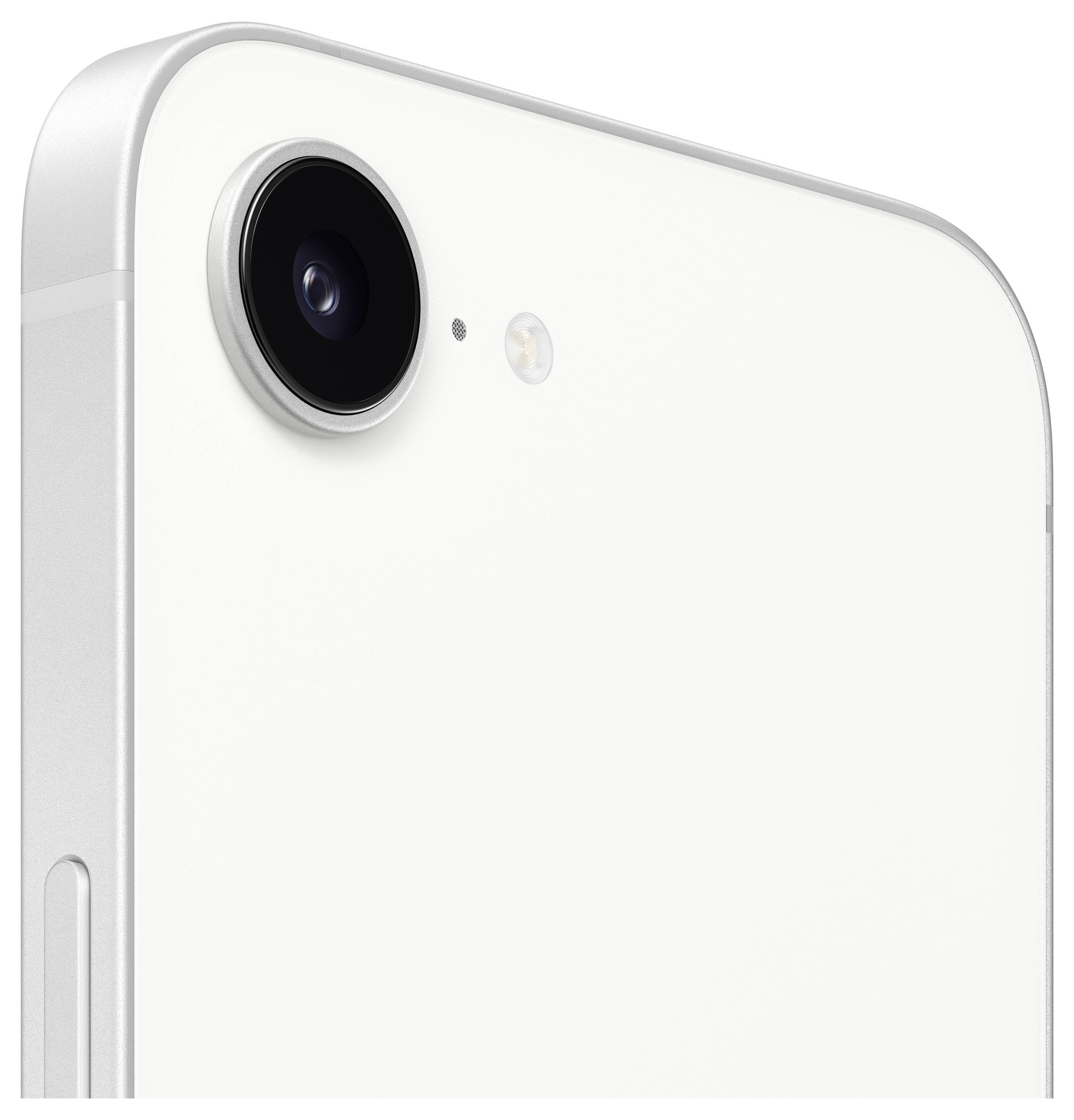Detail fotoaparátu na zadní straně chytrého telefonu na elegantním, minimalistickém designu, který ukazuje objektiv a blesk na bílém povrchu.