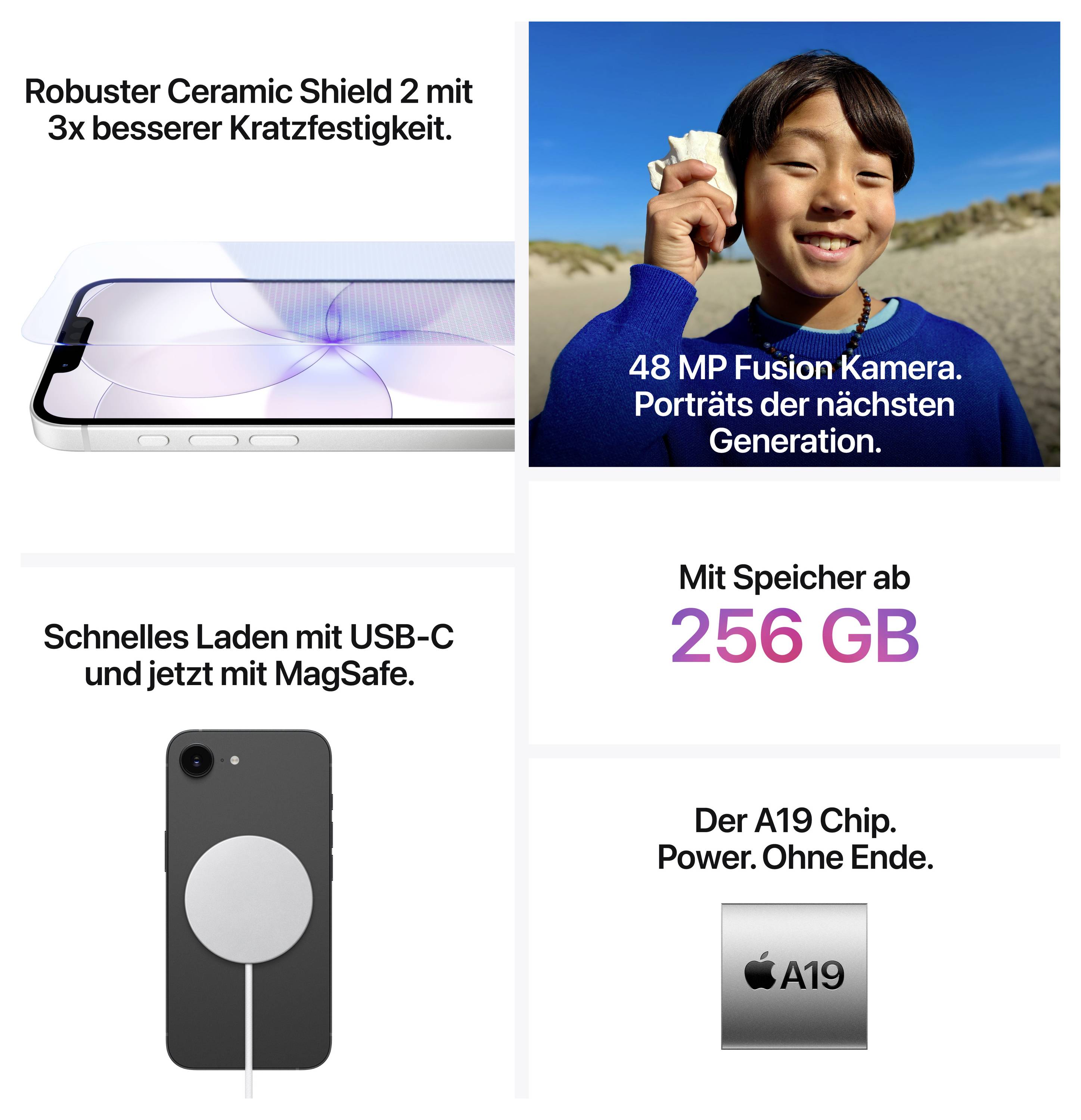 Chytrý telefon s robustní keramickou vrstvou, 48 MP kamera, rychlé nabíjení přes USB-C a MagSafe, 256 GB úložiště.