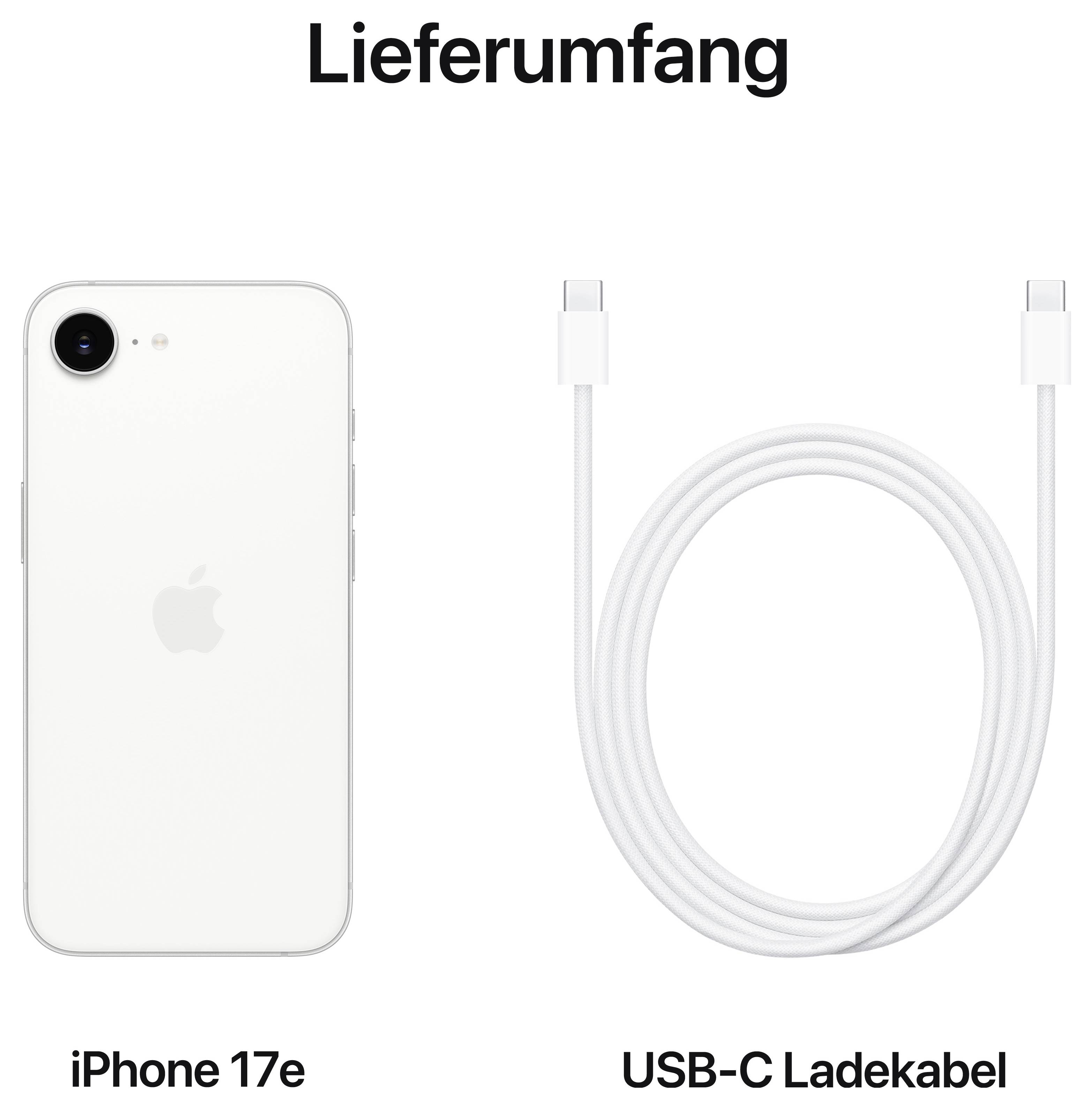 "Rozsah dodávky" ukazuje iPhone 17e a nabíjecí kabel USB-C.