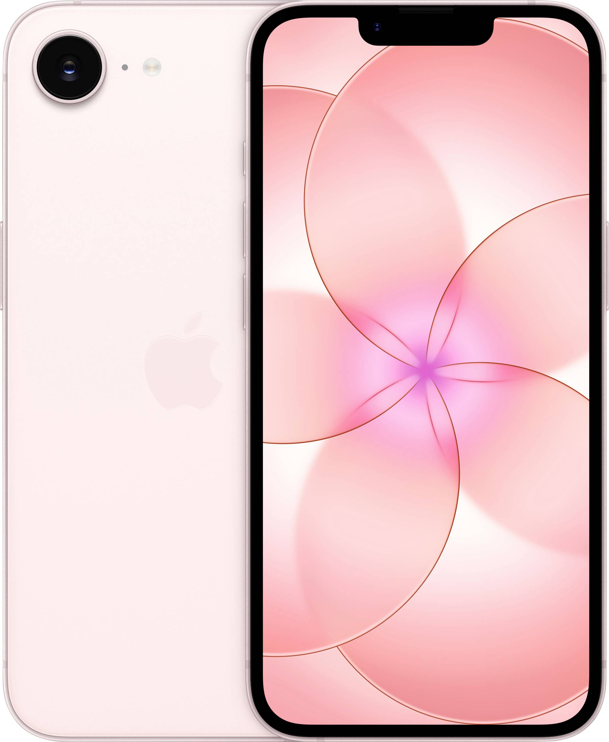 Růžový chytrý telefon s velkým displejem zobrazujícím kruhový abstraktní růžový vzor. Na zadní straně je viditelné logo Apple.