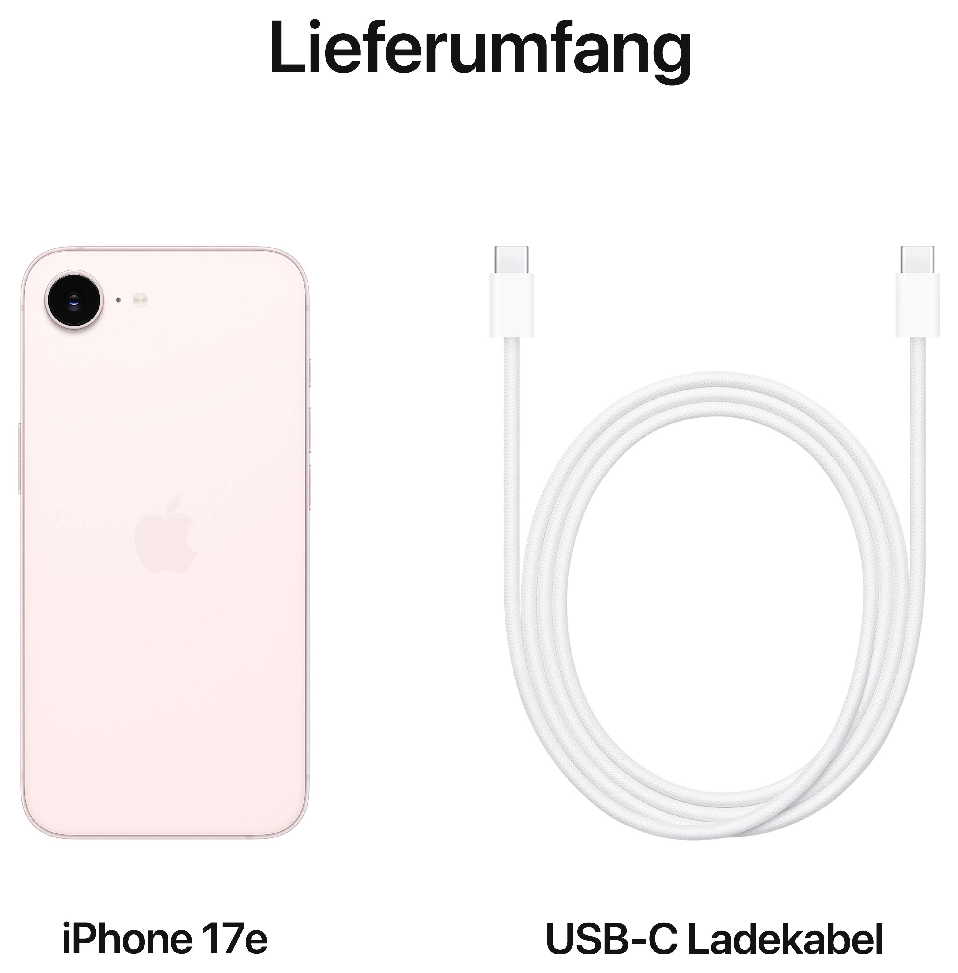 Obsah balení: Vlevo růžový iPhone 17e, vpravo USB-C nabíjecí kabel.