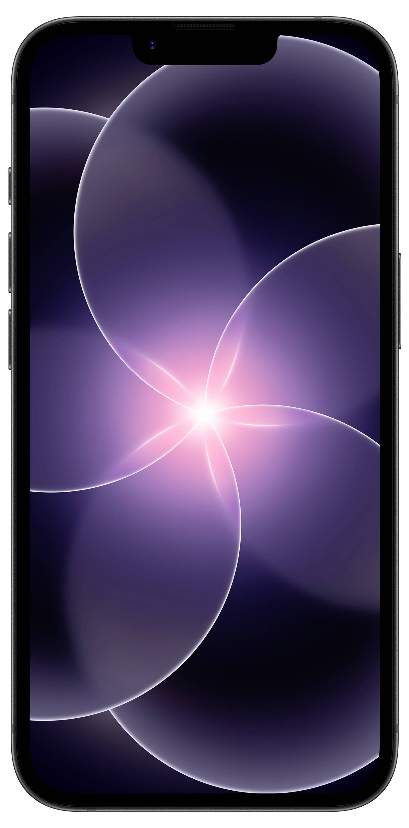 Smartphone zobrazující abstraktní vzor purpurového a růžového světla na displeji, umístěný na tmavém pozadí.