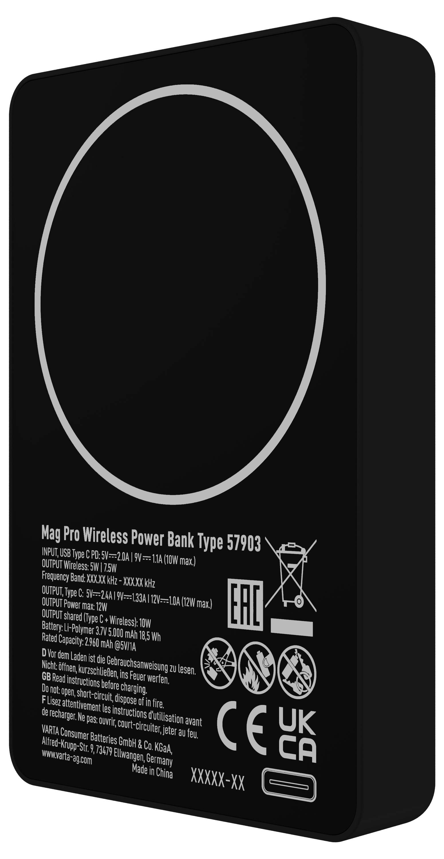 Černá bezdrátová powerbanks kruhovou nabíjecí plochou a vytištěnými specifikacemi, včetně "Mag Pro Wireless Power Bank Type 57903."