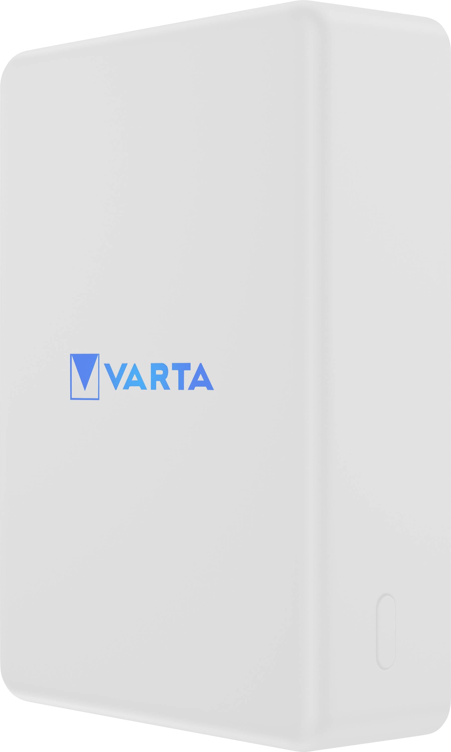 Bílá powerbanka s logem "Varta" v modré barvě.
