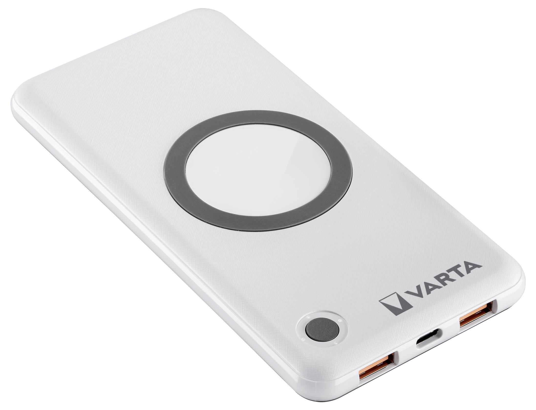 Bílá VARTA powerbanka s kruhovou nabíjecí podložkou, USB porty a tlačítkem napájení, určená k nabíjení přenosných zařízení.