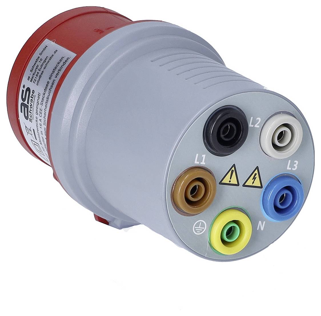 Průmyslový třífázový elektrický konektor s pěti barevně označenými zásuvkami označenými L1, L2, L3, N a zemí, plus bezpečnostní symboly.