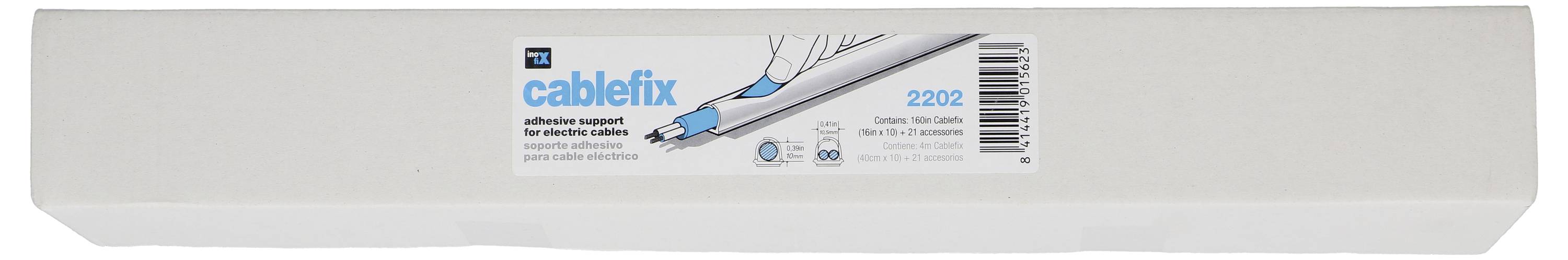 Bílá lepicí podpůrná krabice označená 'cablefix' s ilustrací správy kabelů a kódem produktu 2220.