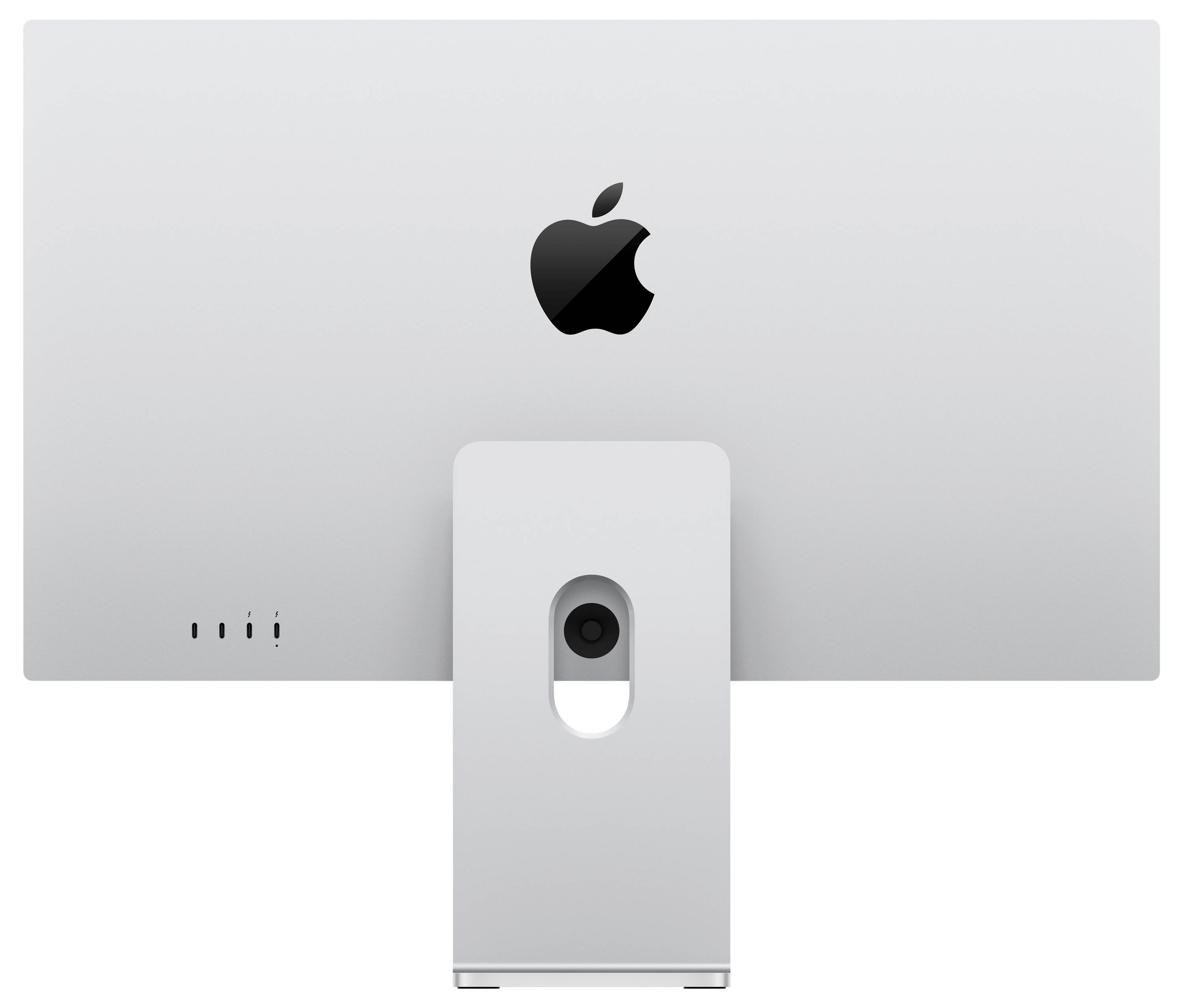'Zadní pohled na stříbrný počítačový monitor na stůl s logem Apple, zobrazující porty a centrální stojan.'