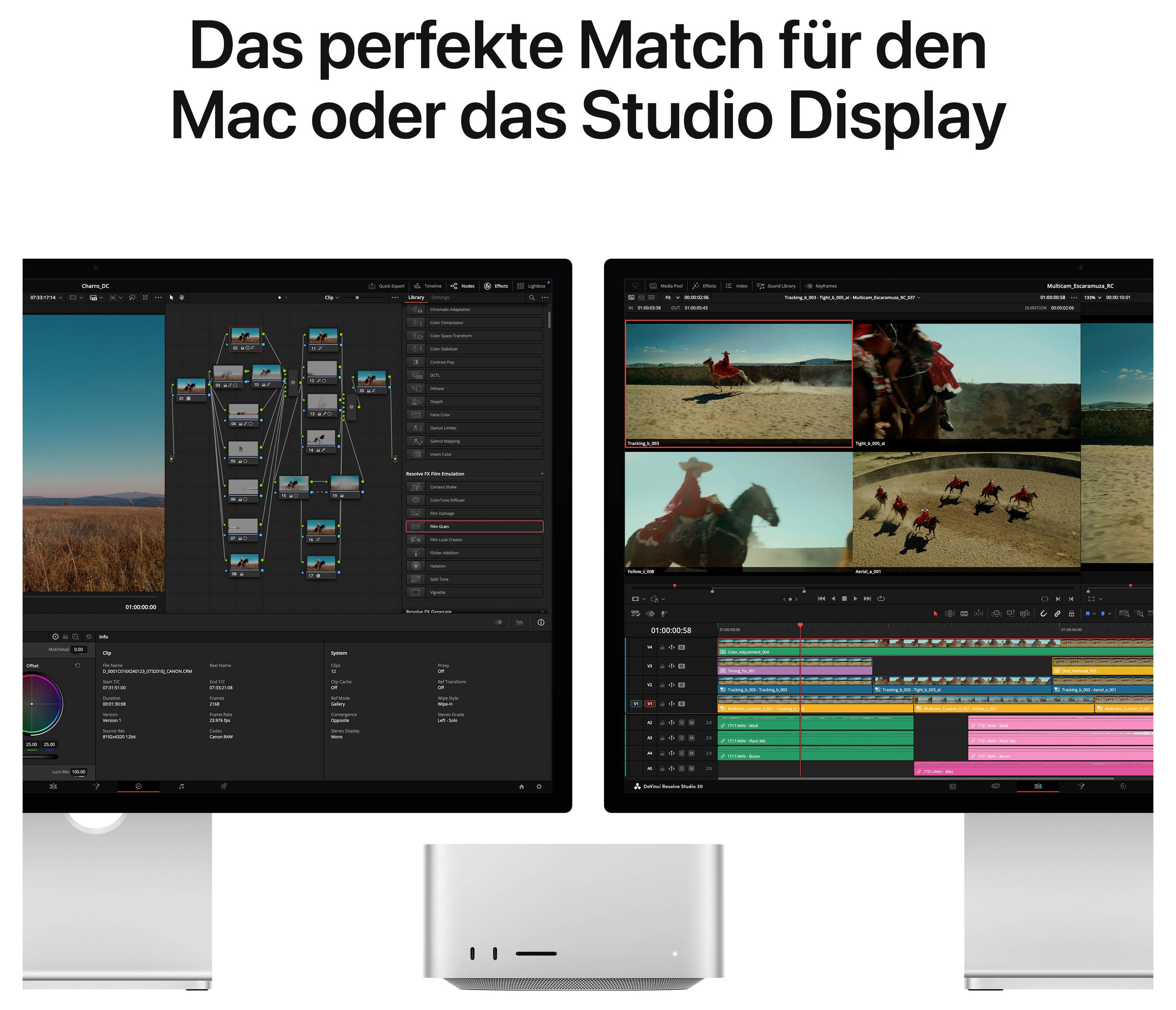 Dva obrazovky počítače zobrazují složitý software pro úpravu videa. Nahoře je text „Dokonalý pár pro Mac nebo Studio Display".