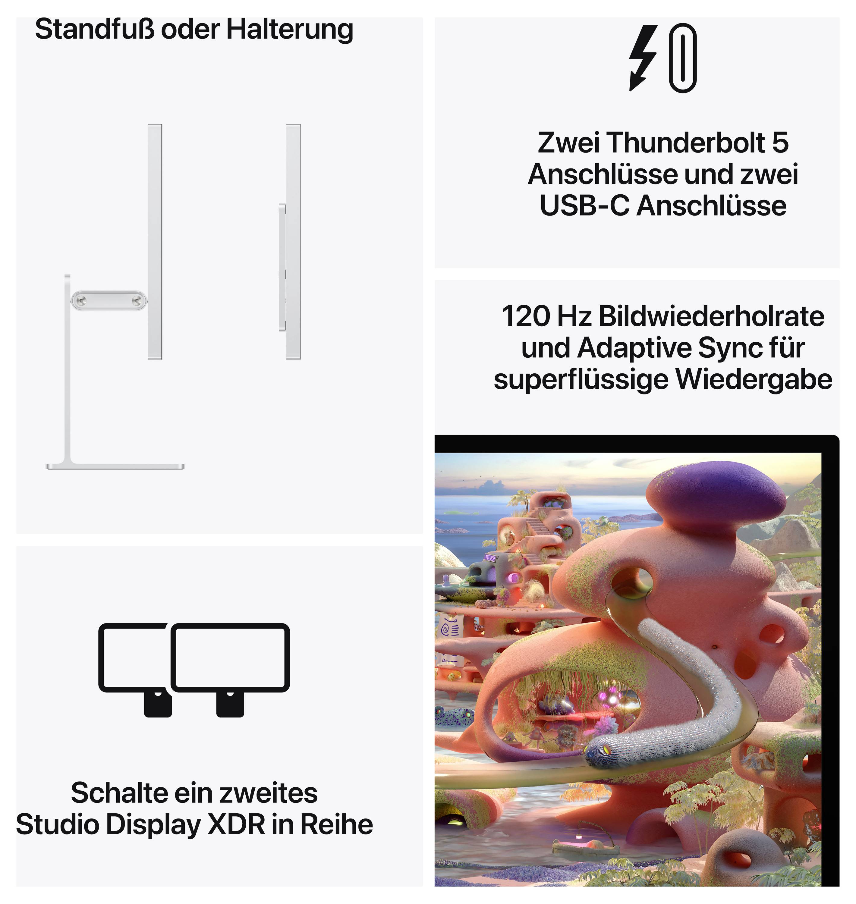 Dva porty Thunderbolt 5 a dva porty USB-C. Obnovovací frekvence 120 Hz pro plynulé přehrávání. Možnost kombinace Studio Display XDR.