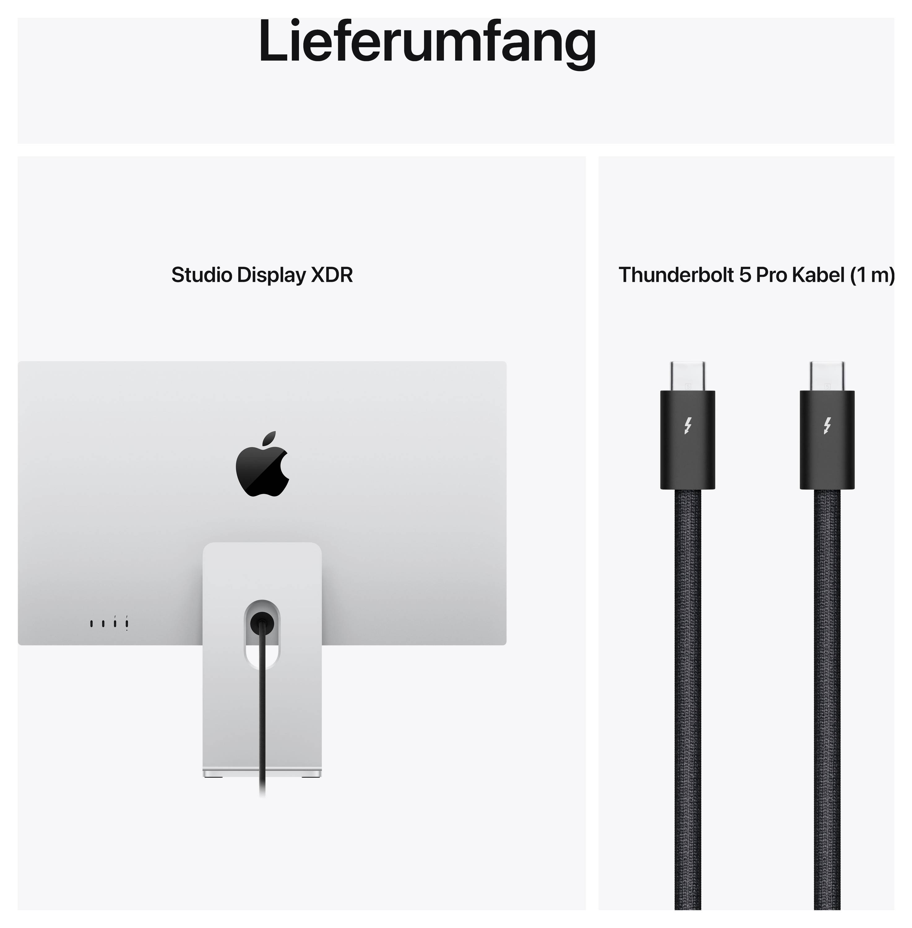 'Obsah balení': Monitor 'Studio Display XDR' a 'Thunderbolt 5 Pro kabel (1 m)' zobrazeny; viditelná zadní strana monitoru.