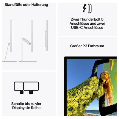 'Grafické znázornění monitoru se stojanem, dvěma konektory Thunderbolt 5, konektory USB-C a velkým barevným prostorem P3.'