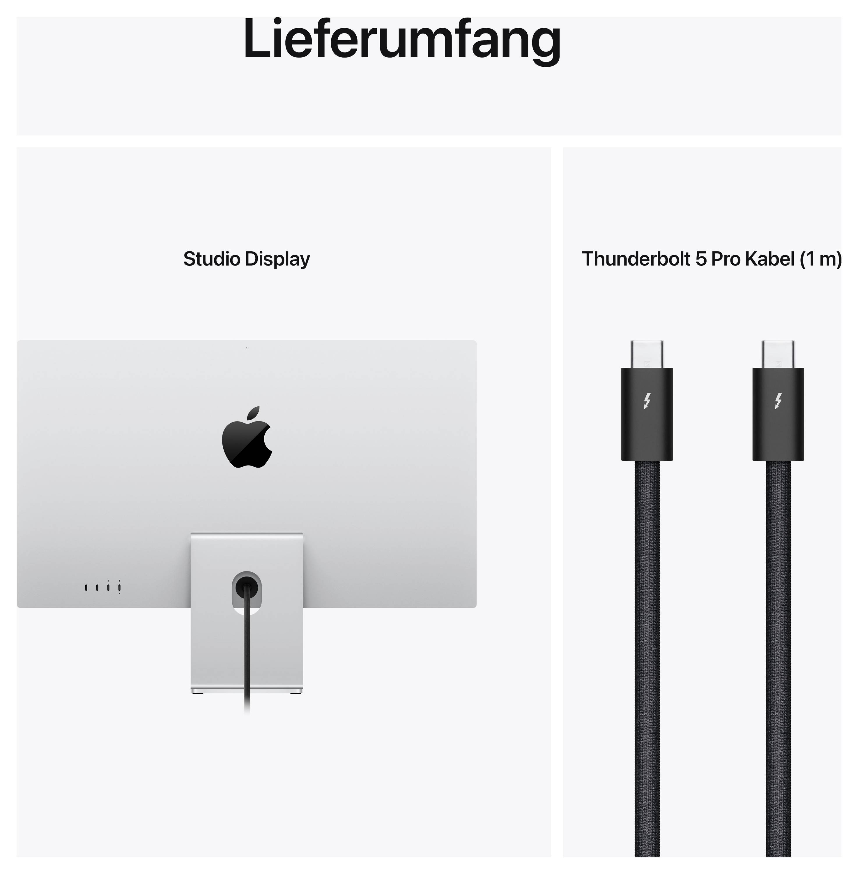 V balení je obsaženo: jedno Studio Display a jeden 1 m Thunderbolt 5 Pro kabel.