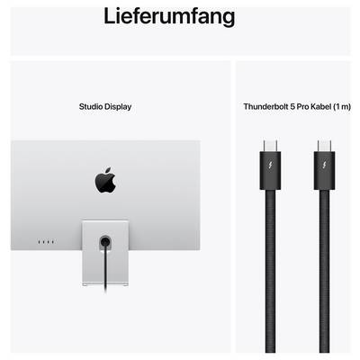 Rozsah dodávky: Studio Display a Thunderbolt 5 Pro kabel (1 m). Studio Display zobrazený s kabelem, který ukazuje možnosti připojení.