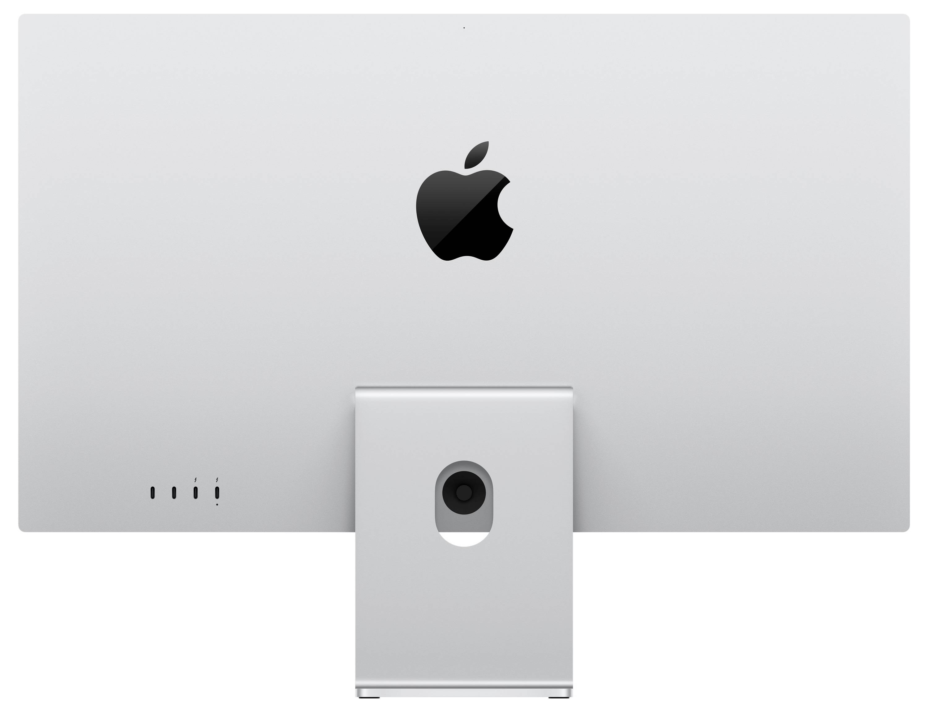 Elegantní, stříbrný monitor s logem Apple na zadní straně, s několika porty umístěnými poblíž základny na jedné straně, namontovaný na obdélníkovém stojanu.