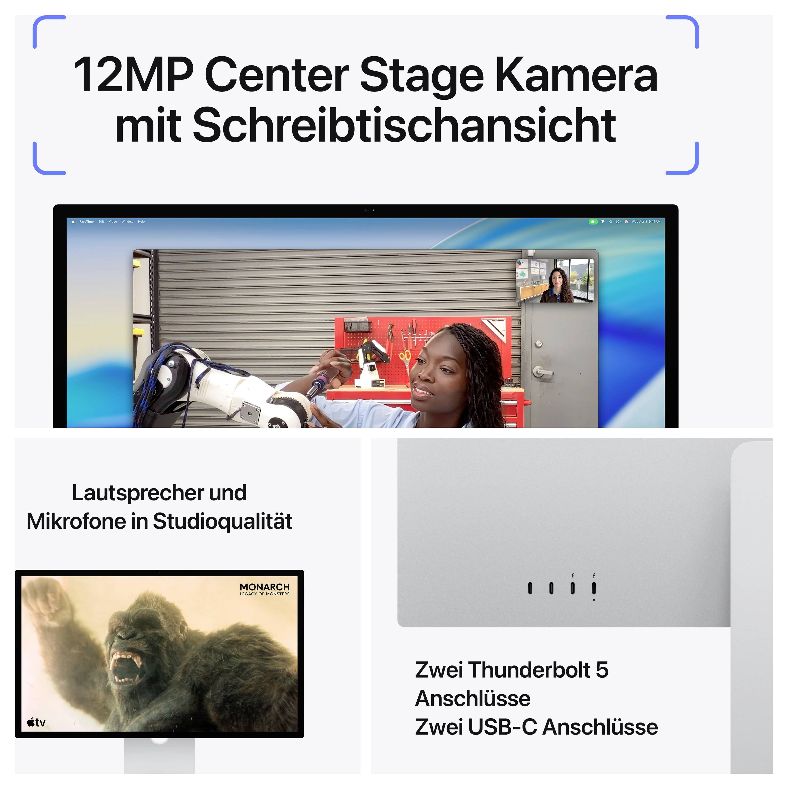12MP kamera Center Stage s pohledem na stůl, reproduktory a mikrofony ve studiové kvalitě, dva konektory Thunderbolt 5, dva konektory USB-C.