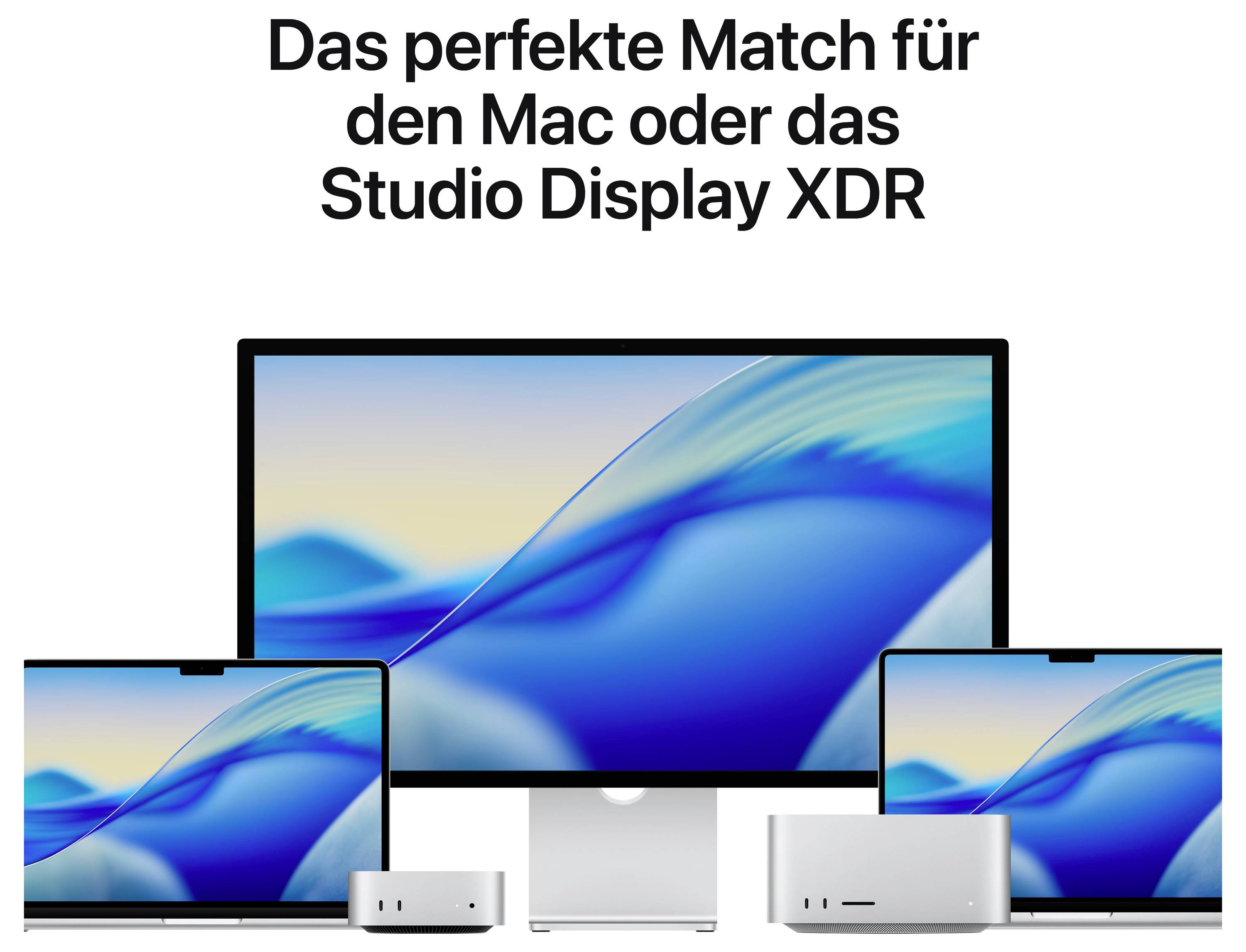Tři zařízení Apple: velký Studio Display, dva menší monitory. Text nahoře: Dokonalá kombinace pro Mac nebo Studio Display XDR.