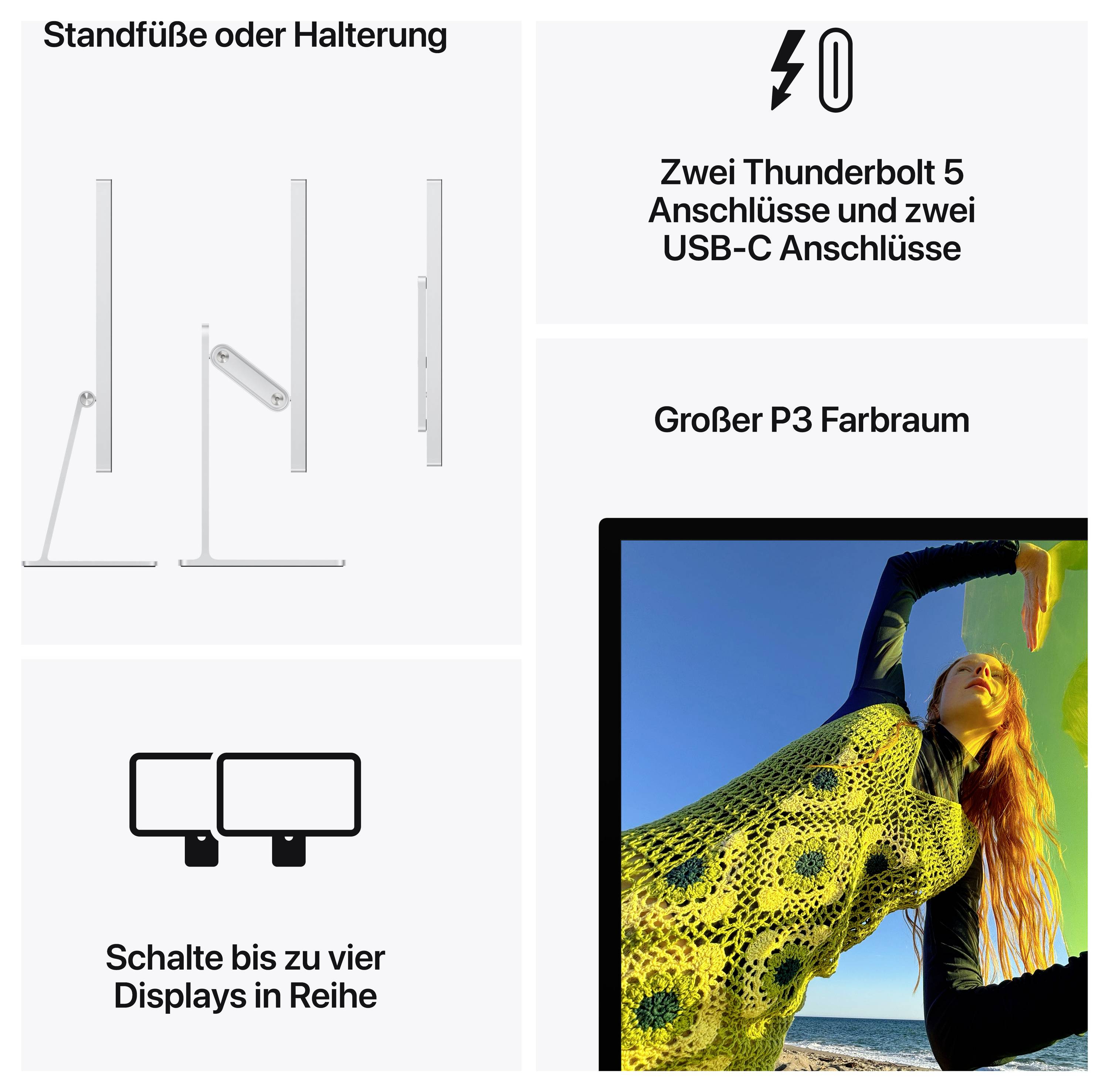 'Stojany nebo držák'; 'Dva konektory Thunderbolt 5 a dva konektory USB-C'; 'Velký barevný prostor P3'; 'Řetězte až čtyři displeje za sebou'. Obrázek zobrazuje stojan monitoru, symboly konektorů a ženu před barevným displejem.