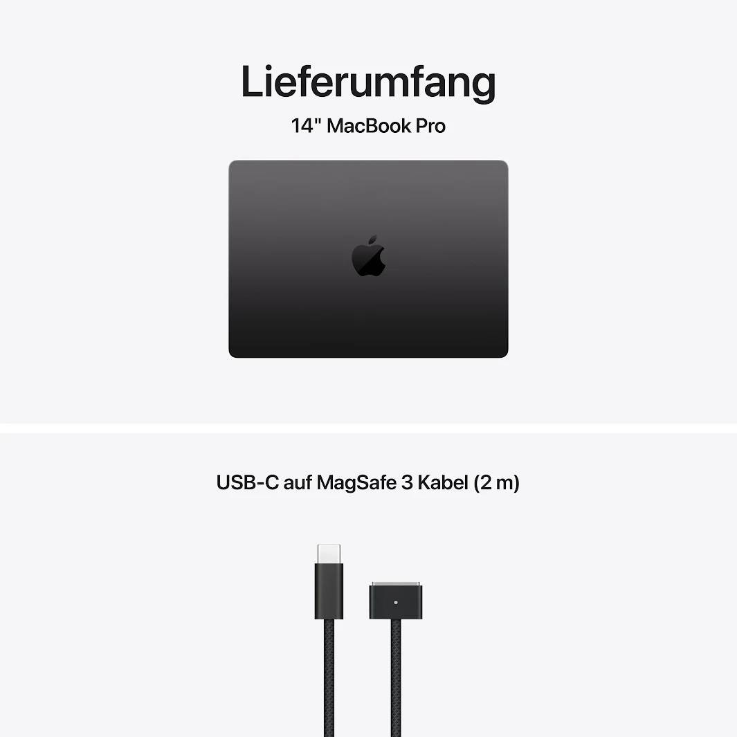 Grafika 14palcového MacBook Pro se zahrnutým kabelem USB-C na MagSafe 3 (2 m) v balení.