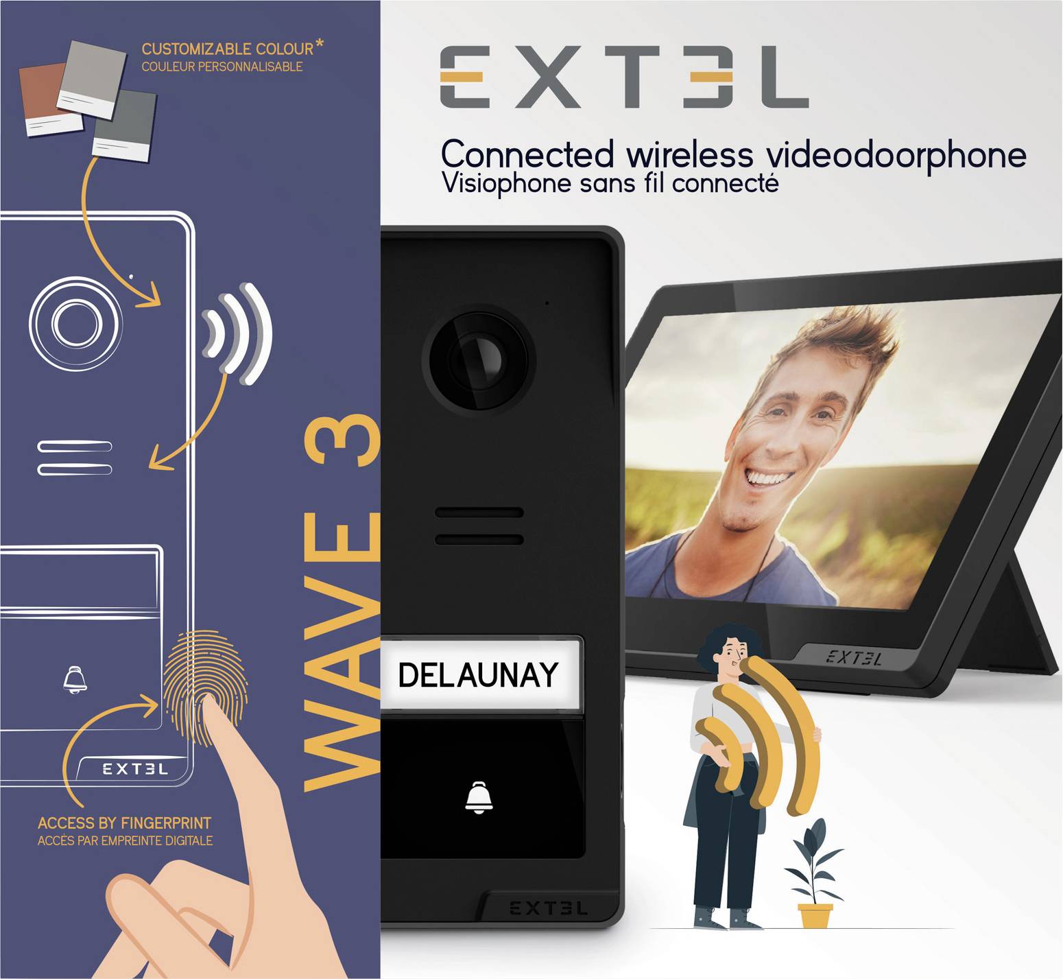 'EXTEL WAVE 3 bezdrátový videozvonek, balení. Vlastnosti: přizpůsobitelná barva, přístup přes otisk prstu, obrázek zařízení a displeje.'
