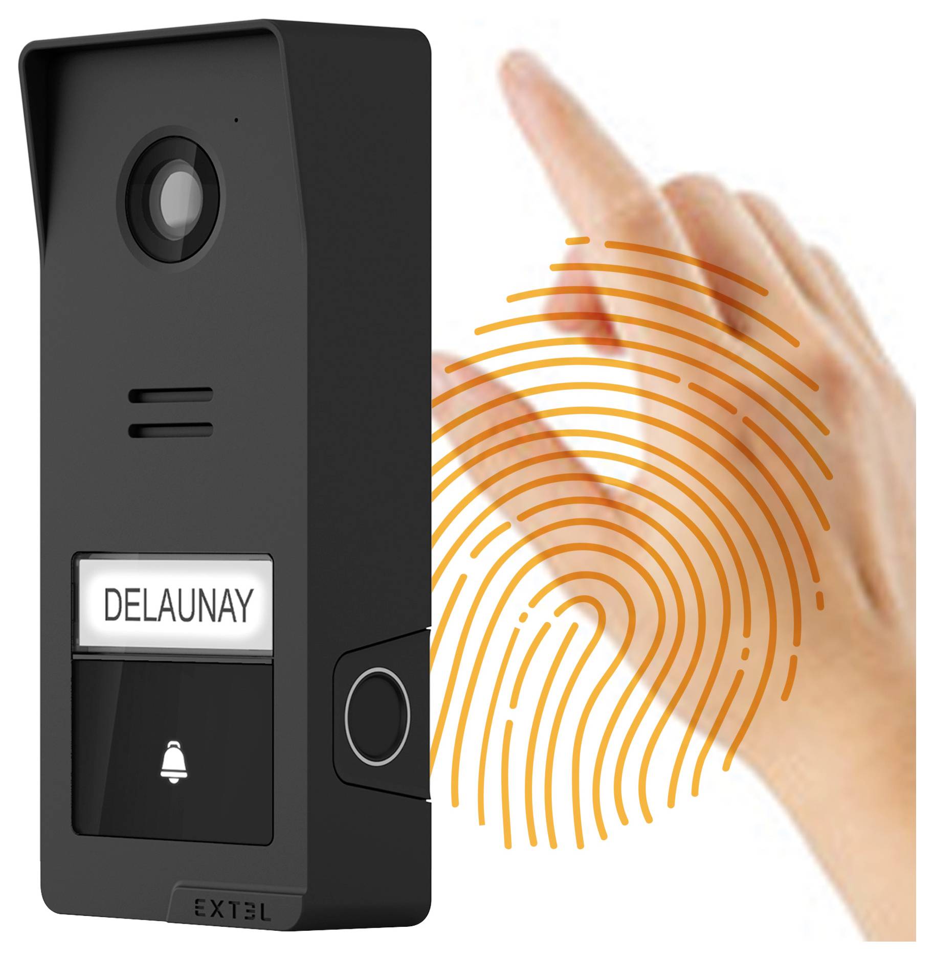 Černý video zvonek s nápisem „DELAUNAY", vybavený kamerou a tlačítkem zvonku, je zobrazen vedle velké oranžové otisknutí prstu.