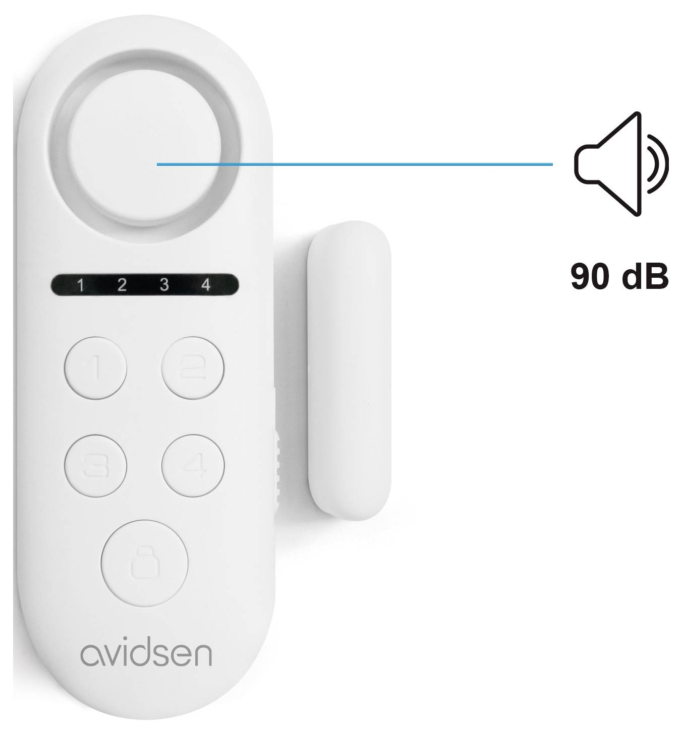 "Bezdrátový alarm na dveře" se symbolem reproduktoru a označením "90 dB" indikujícím hlasitost. Obsahuje tlačítka označená čísly 1-4 a symboly zámku/odemčení.