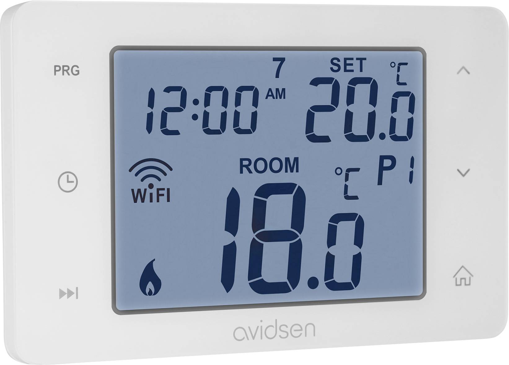 Digitální termostat zobrazující "MÍSTNOST 18,0°C", čas "12:00 dopoledne", nastavenou teplotu "20,0°C", se symbolem Wi-Fi a tlačítky programování.