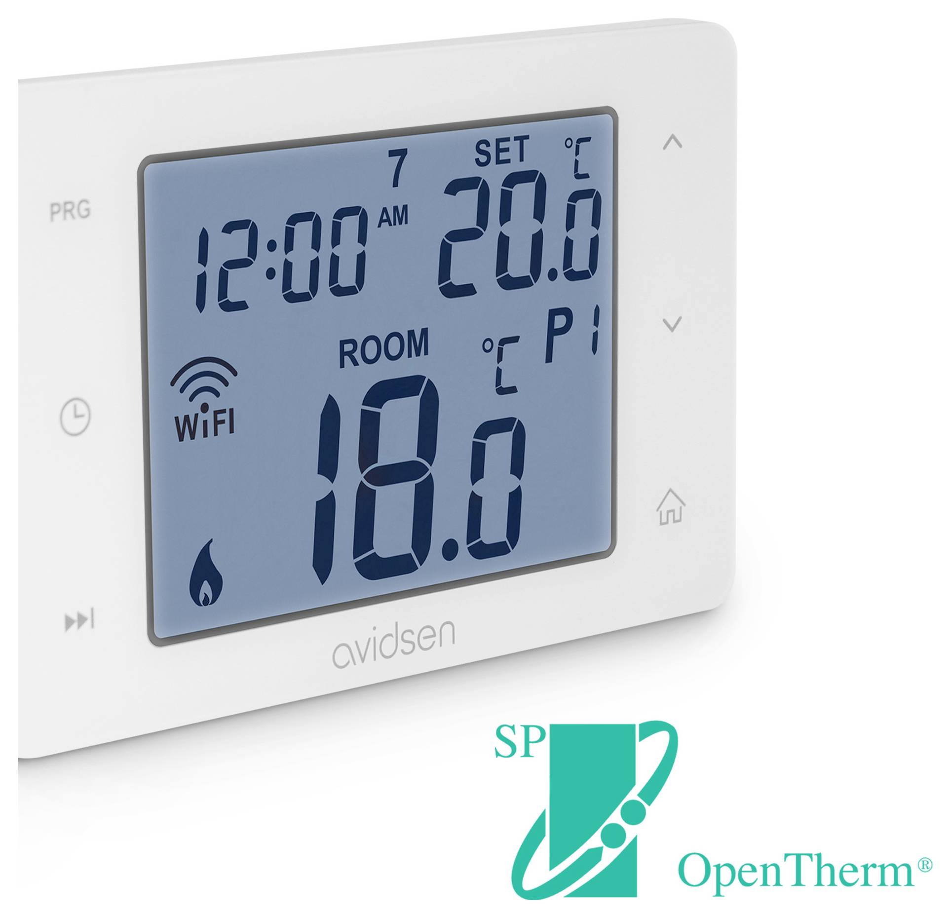Digitální termostat zobrazující '12:00 AM', 'Místnost 18.0°C', symbol WiFi. Značka 'avidsen', logo OpenTherm v pravém dolním rohu.