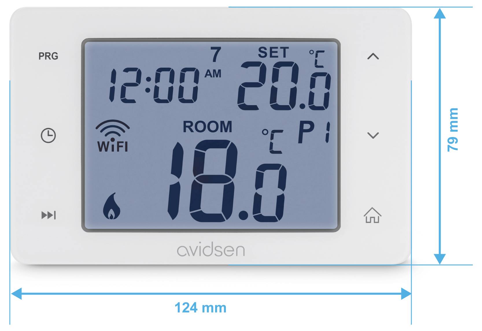 Digitální termostat zobrazující čas 12:00 AM, aktuální teplotu 18,0°C a nastavenou teplotu 20,0°C se symboly WiFi a baterie.