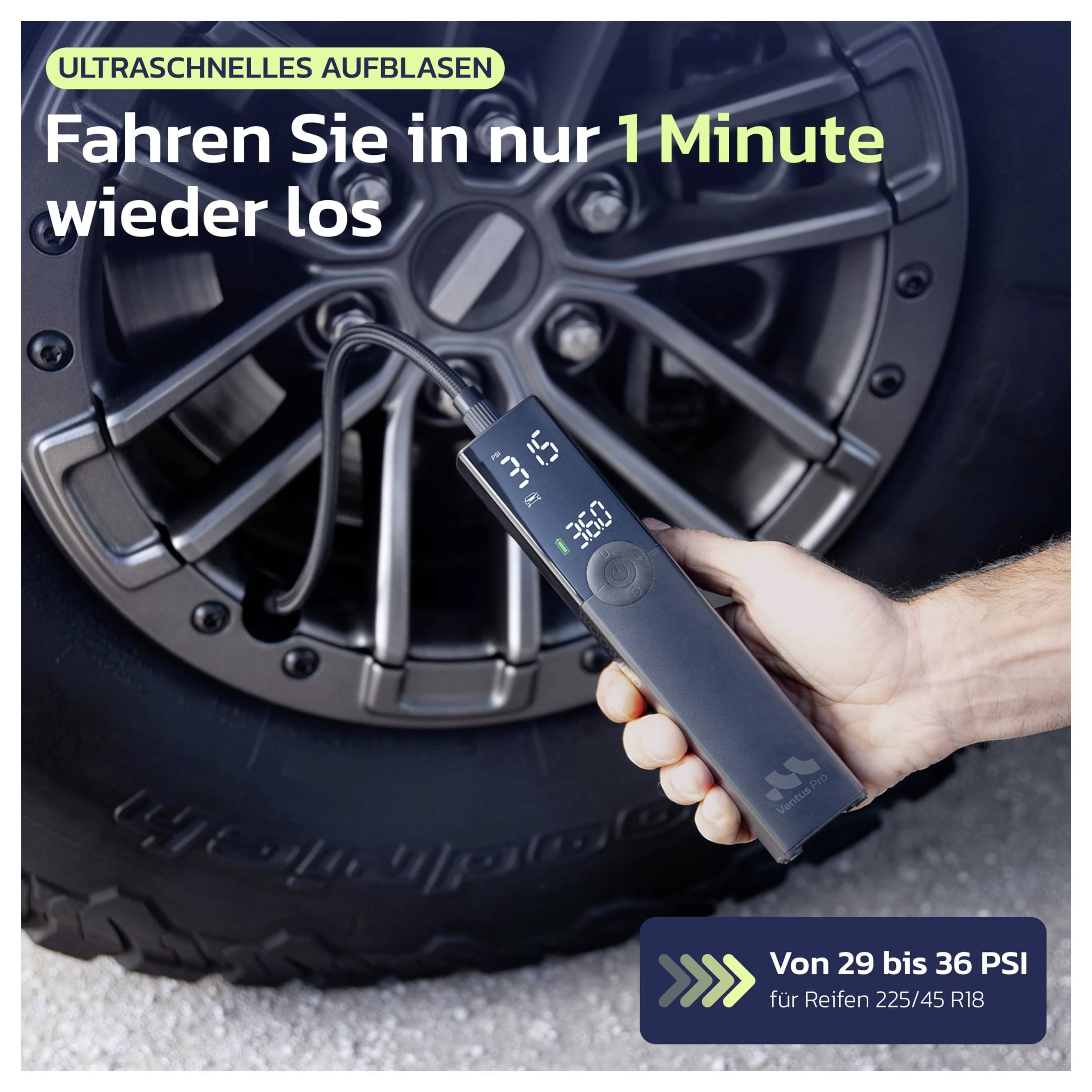 Ručný digitální kompresor na pneumatiku automobilu; německý text propaguje ultra-rychlé nafukování, "Znovu vyjedete již za 1 minutu", pro pneumatiky 29 až 36 PSI.