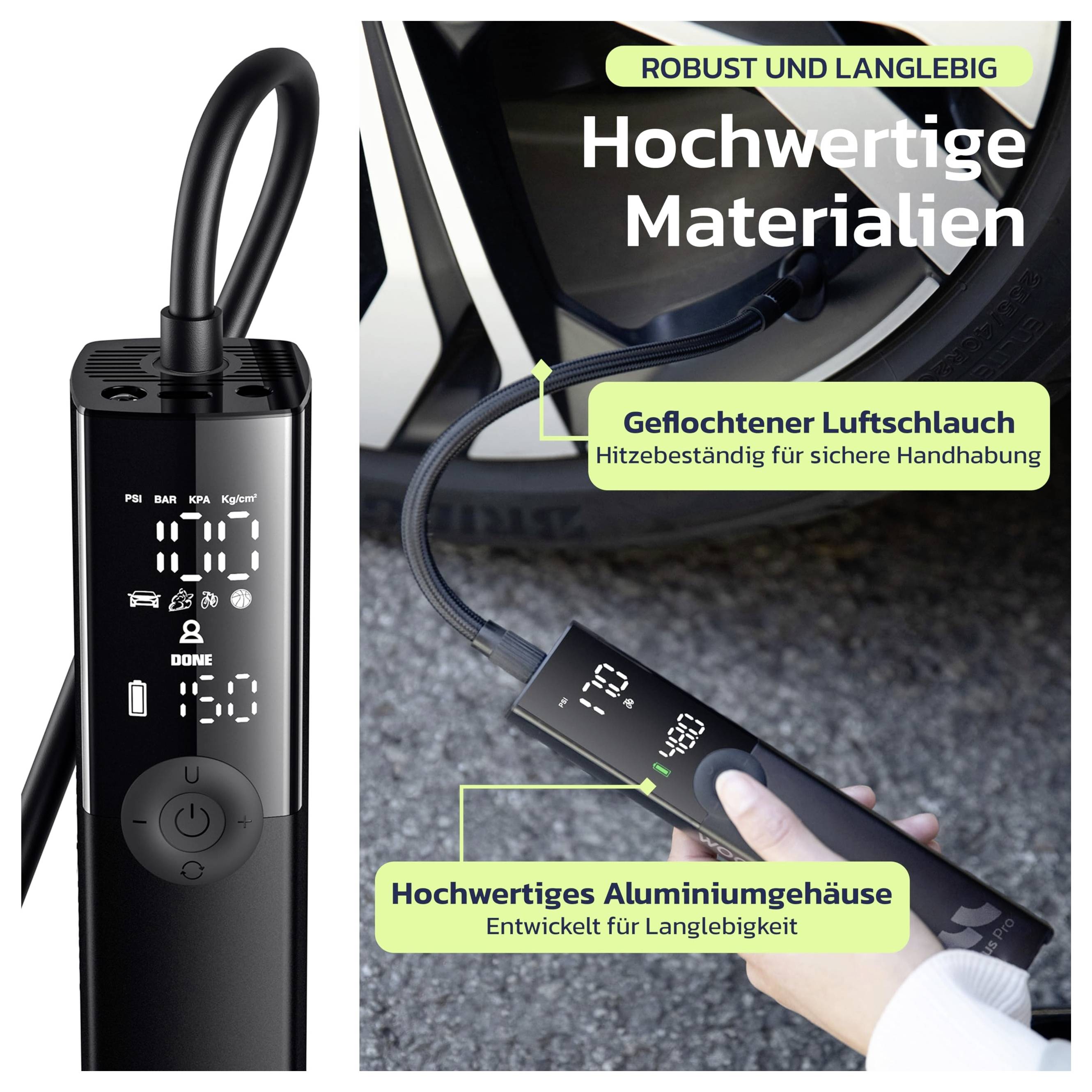 Přenosná elektrická vzduchová pumpa s digitálním displejem a hadicí nafukující pneumatiku, zvýrazňující robustní materiály: pletenec vzduchové hadice a hliníkové pouzdro.