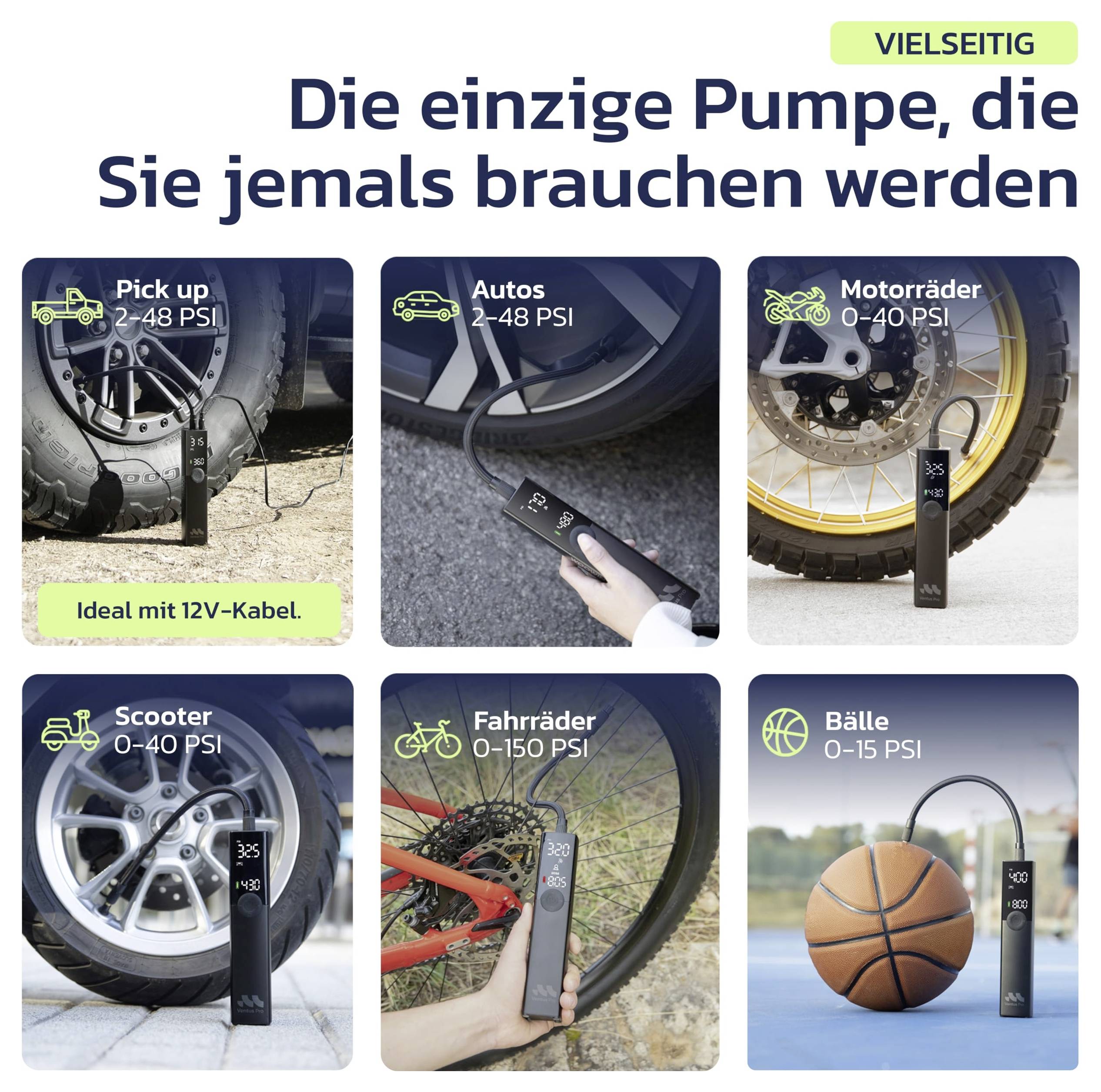 Universální přenosná vzduchová pumpa<br><br>Jediná pumpa, kterou budete kdy potřebovat<br><br>Ideální pro:<br>- Pickupy<br>- Automobily<br>- Motocykly<br>- Skútry<br>- Jízdní kola<br>- Míče
