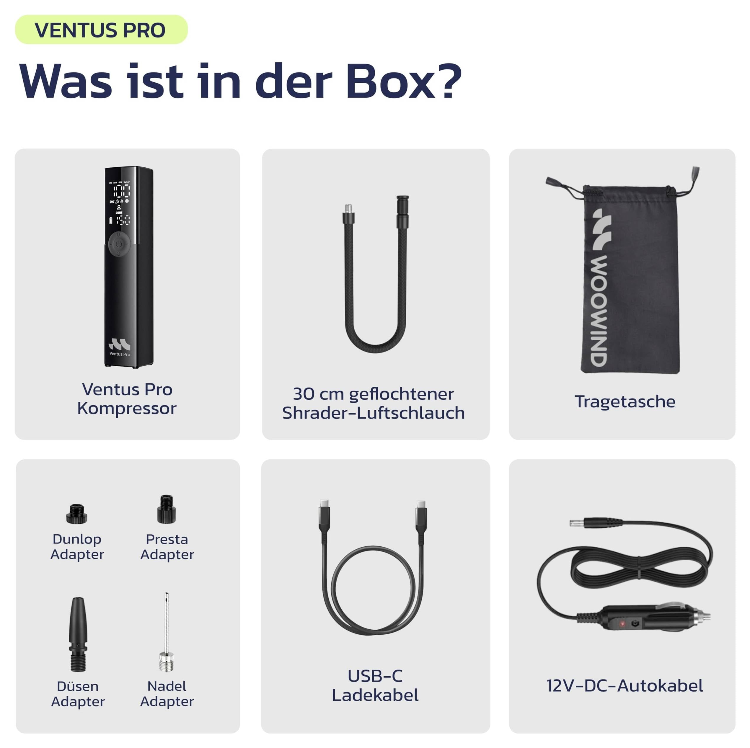 Obsah krabice Ventus Pro: kompresor, 30 cm pletený hadice Schrader, přepravní taška, adaptéry Dunlop/Presta/tryska/jehla, kabel USB-C a 12V autokabel.