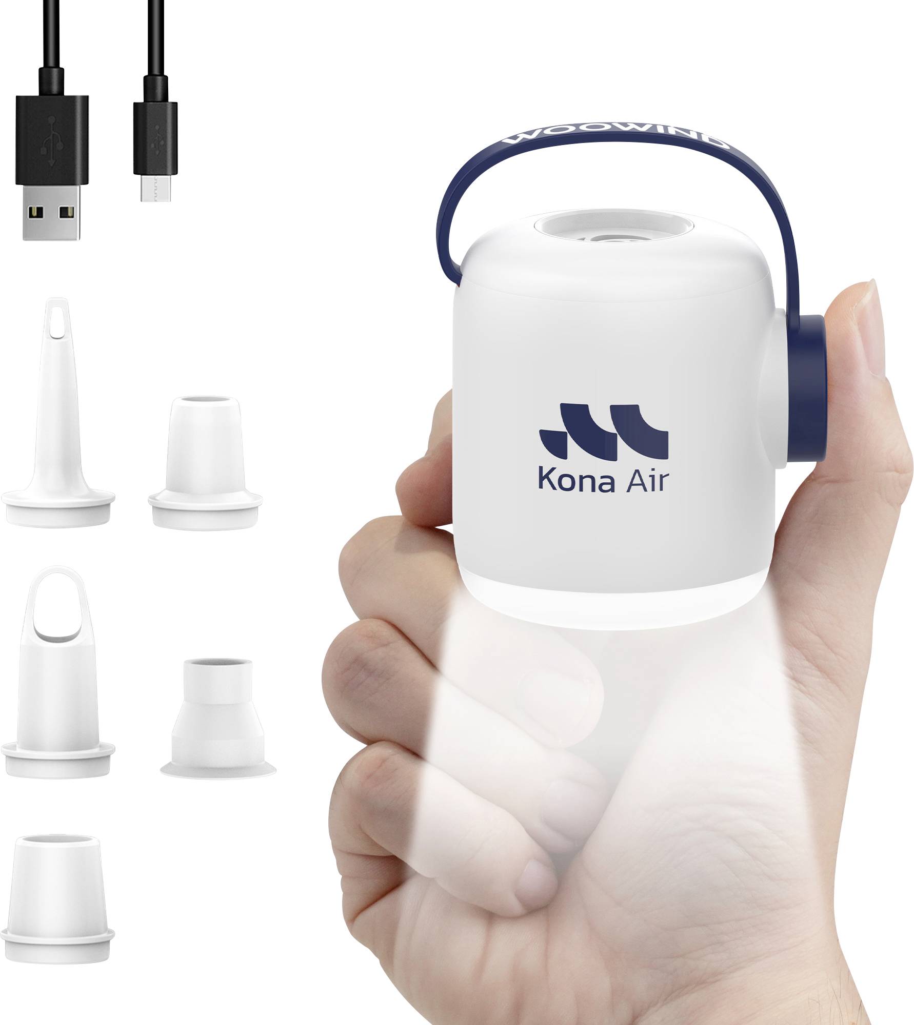 Ruční vysavač 'Kona Air' s různými vyměnitelnými hubicemi, USB nabíjecím kabelem a jasným LED světlem pro multifunkční použití.