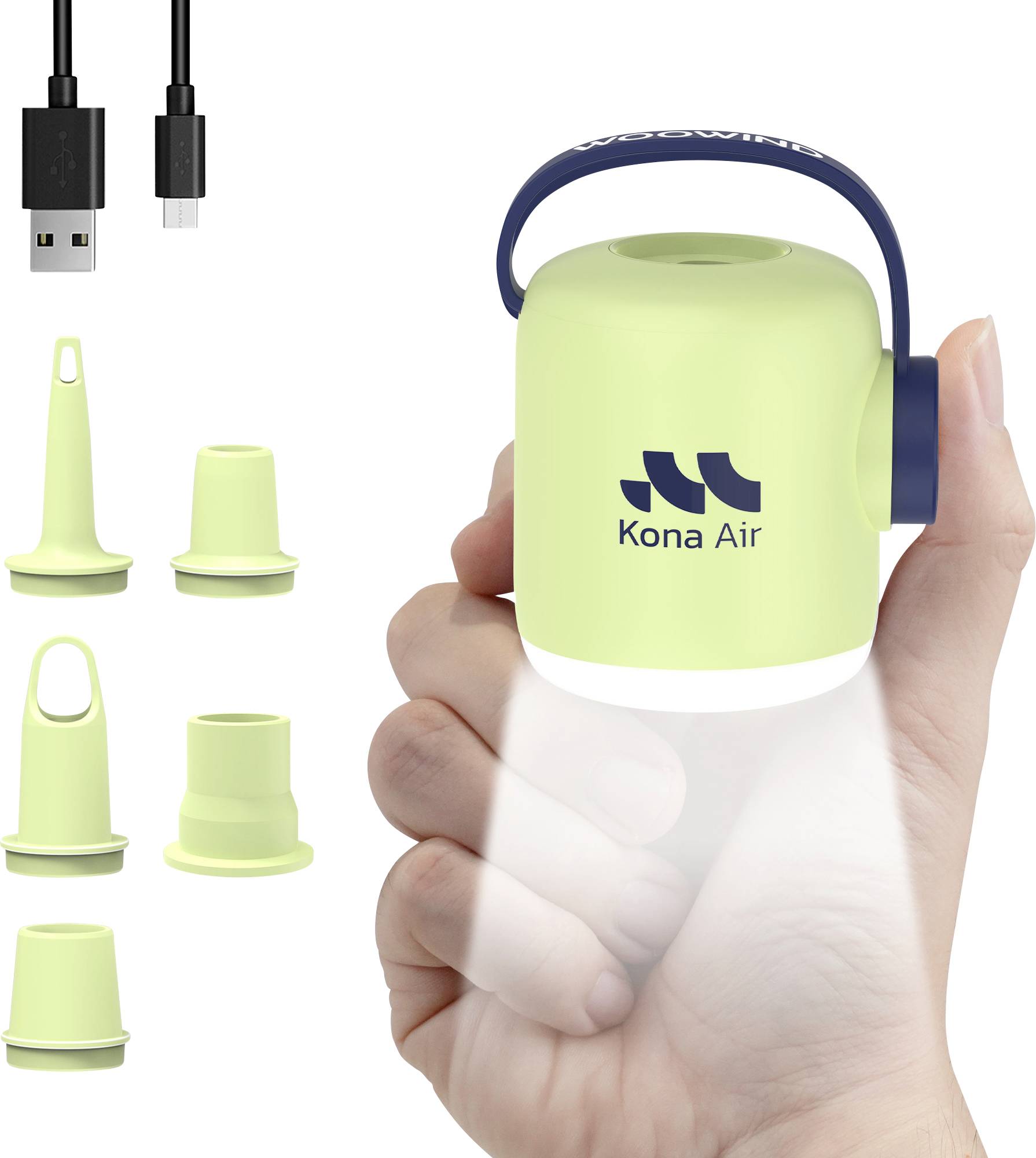 Ruka držící přenosnou pumpu se svítilnou. Zahrnuje kabel USB a pět nástavců nástroj, označené "Kona Air".